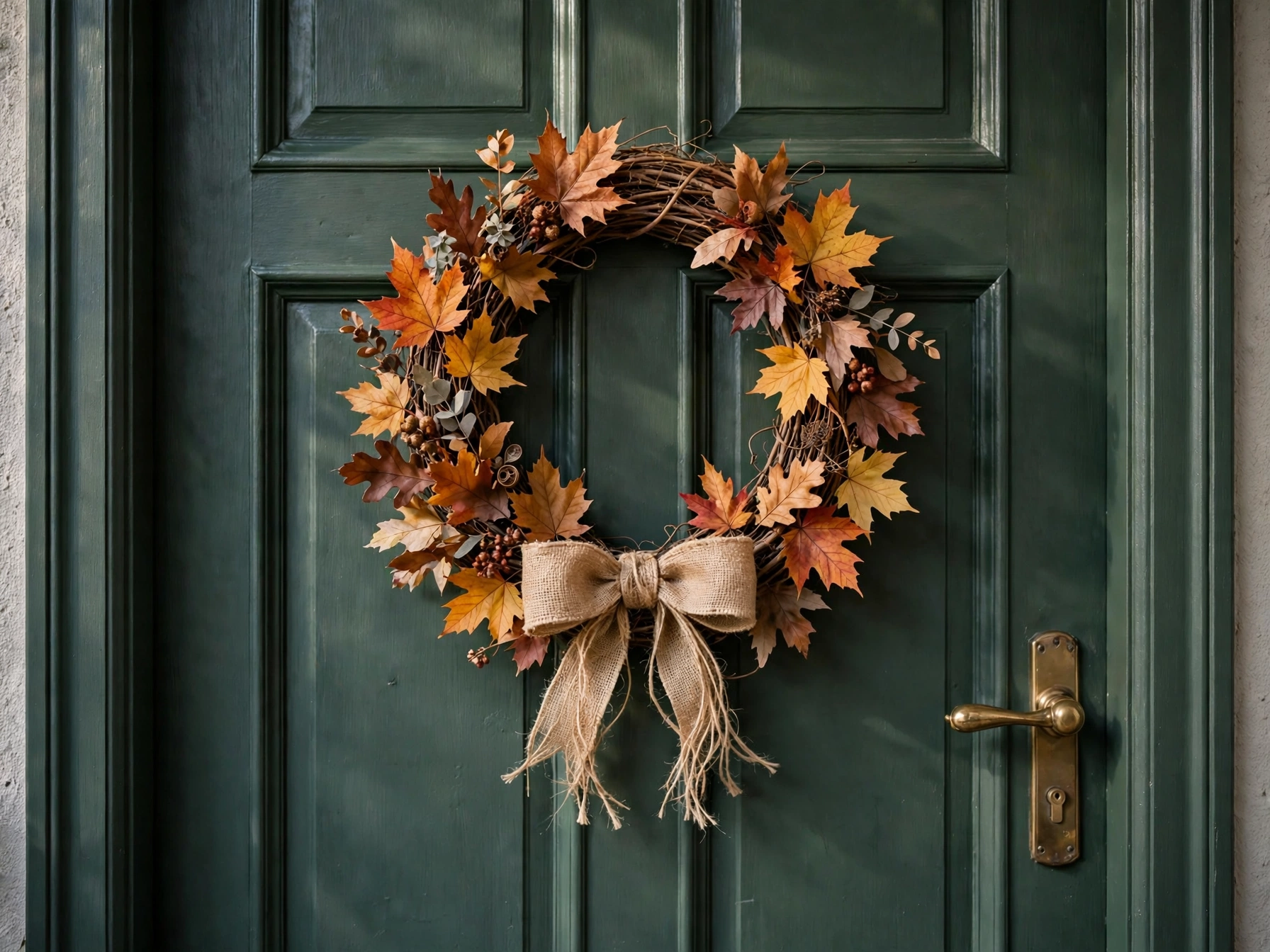 Simple grapevine wreath with fall leaves on a front door