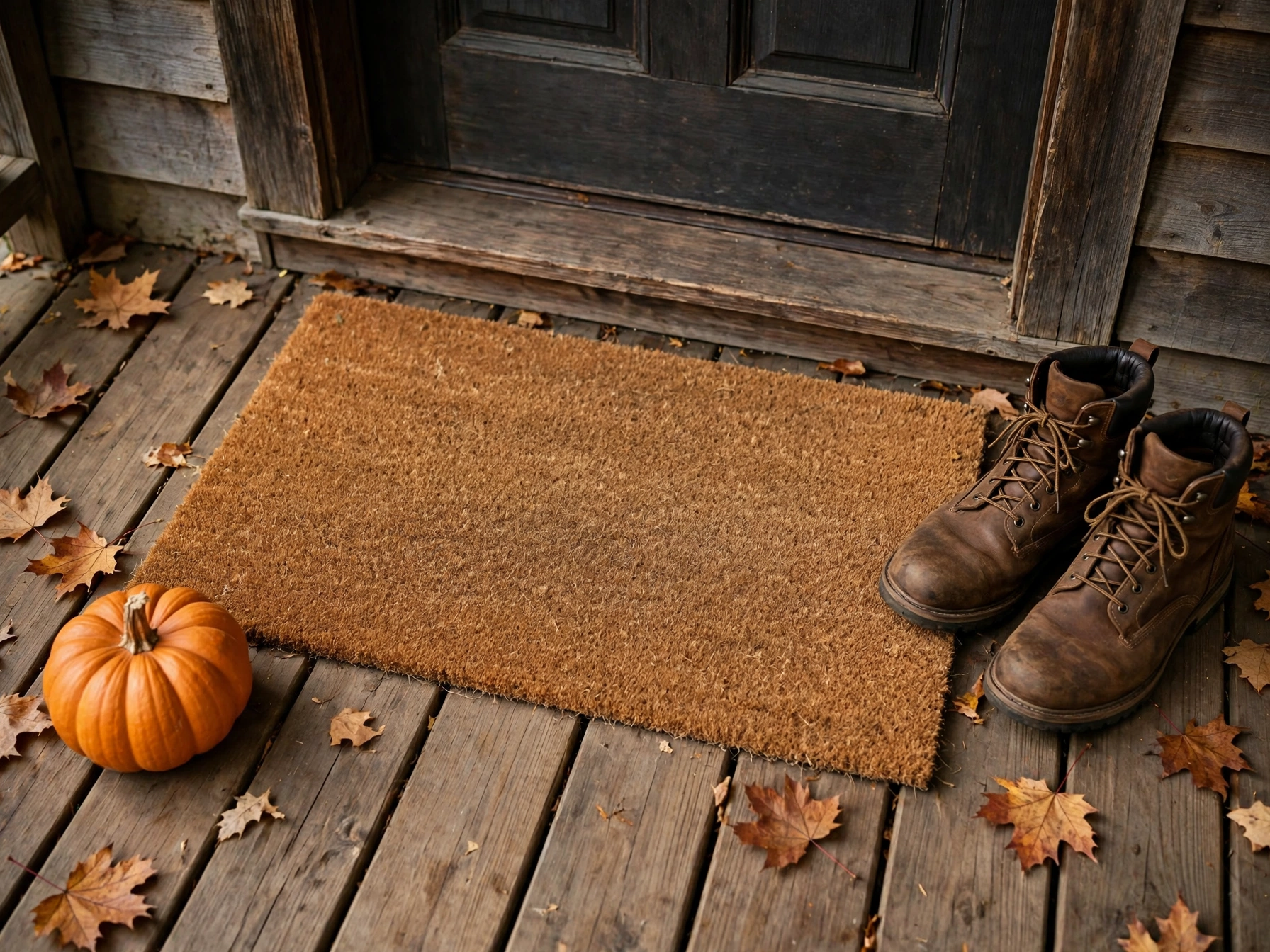 Fall coir doormat at a front door with a small pumpkin