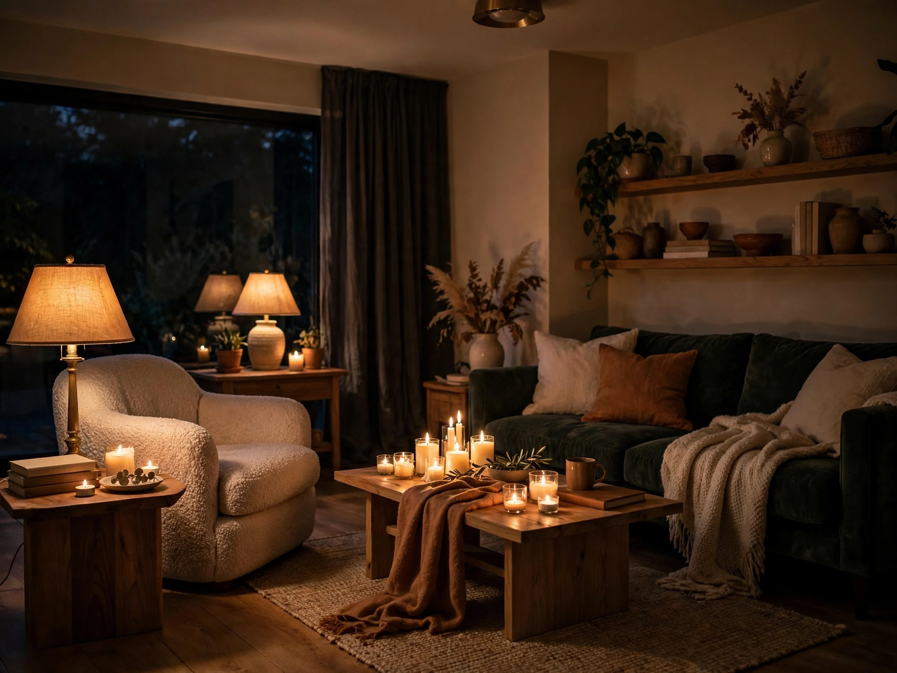 Cozy living room lit only by lamps and candles at night