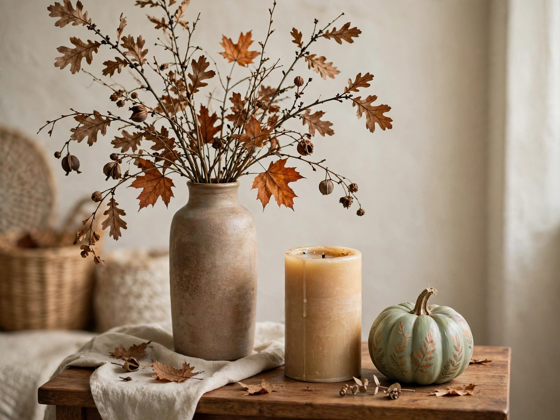 Three fall decor items grouped at different heights for balance