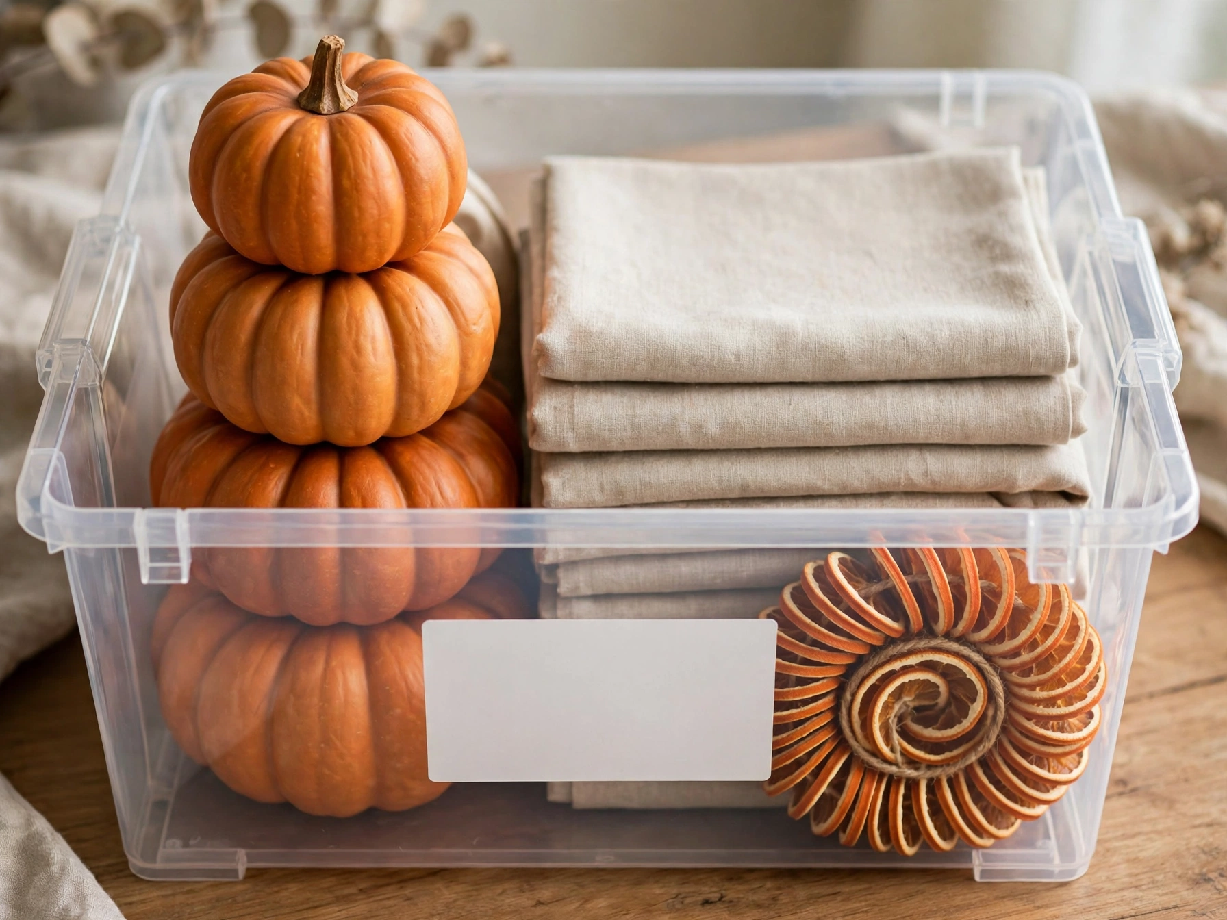 Labeled storage bin neatly packed with fall decor for next year