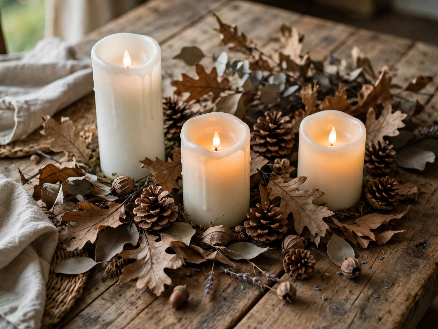 LED candles safely placed among dried fall decor