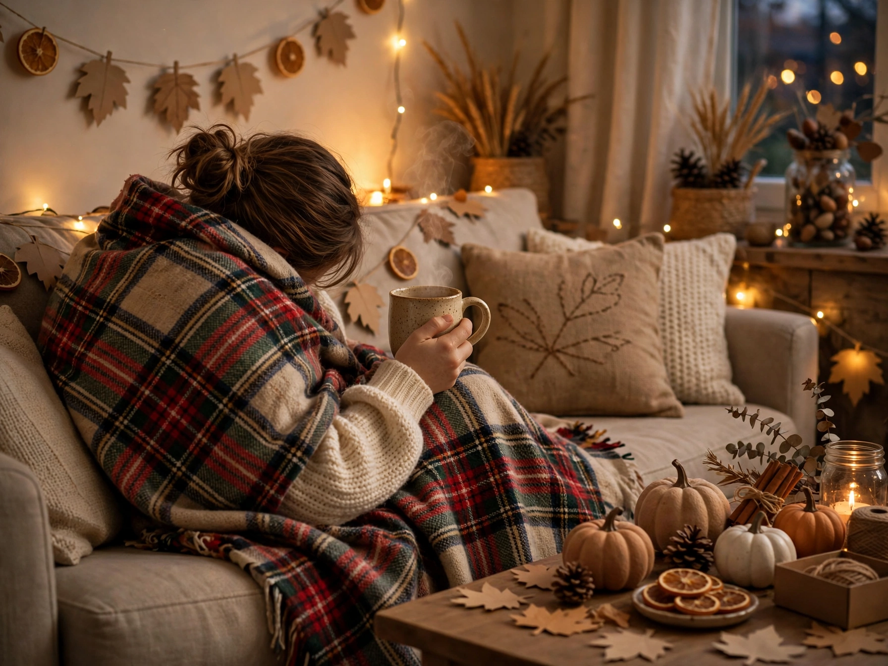 Relaxing in a cozy living room decorated with DIY fall decor on a budget