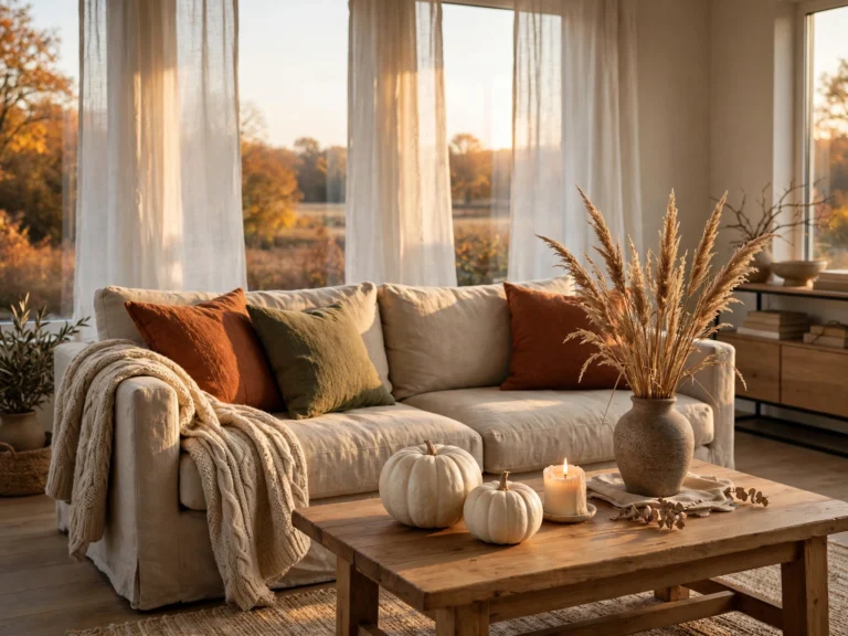 Modern living room styled with fall home decor ideas, including neutral pumpkins, a wool throw and warm cushions