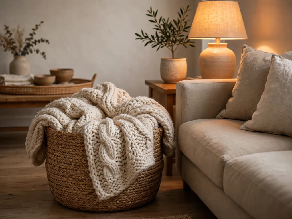Chunky knit throw stored in a woven basket next to a sofa