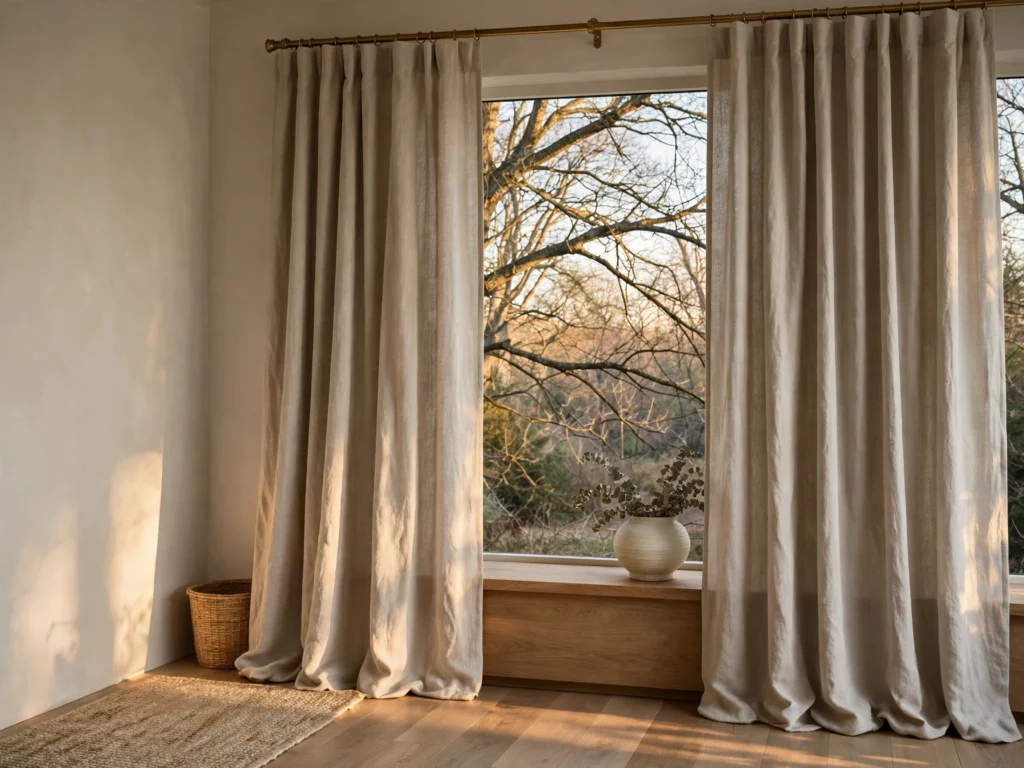 Thick oatmeal curtains in a fall living room