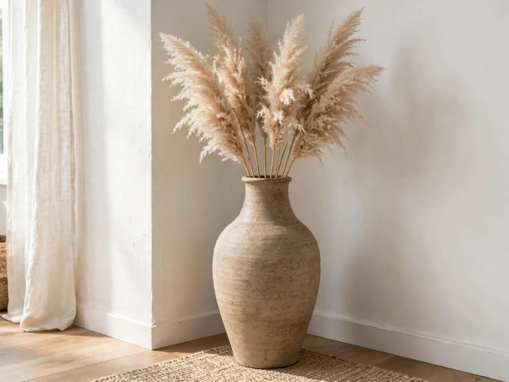 Dried pampas grass in a floor vase as fall decor