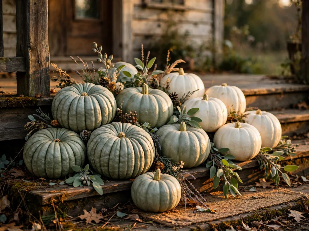 White and sage heirloom pumpkins on a porch
