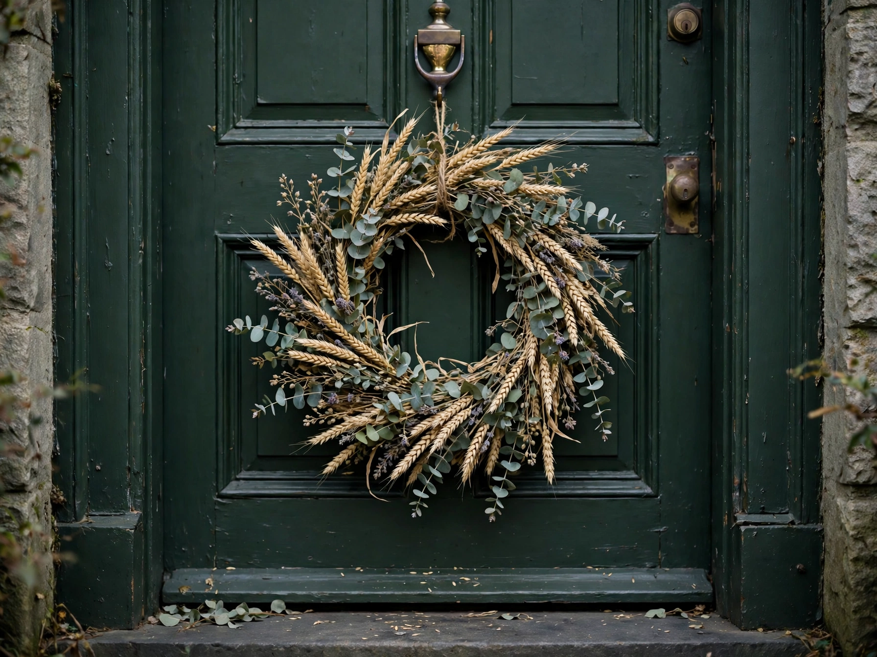 Dried wheat wreath on a dark front door