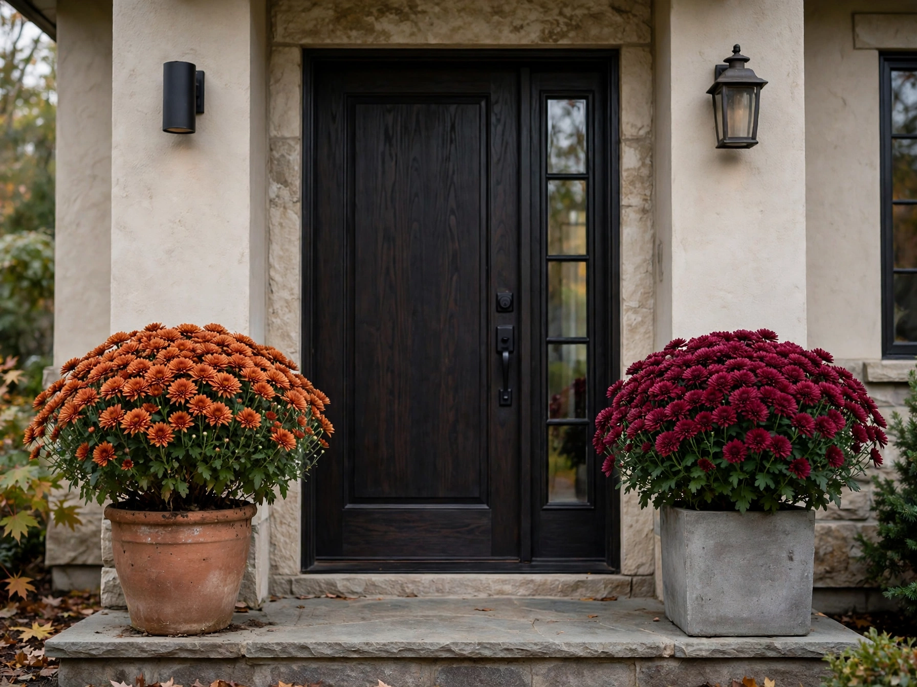 Rust and burgundy mums in pots at a front door