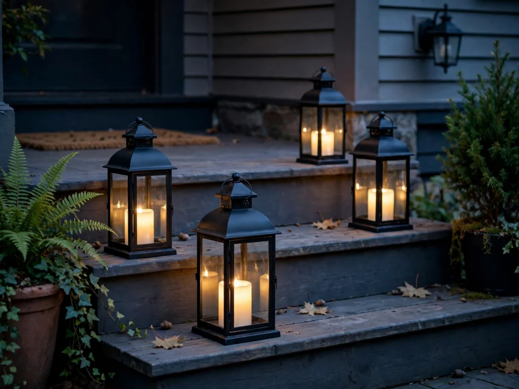 Lanterns with LED candles on fall porch steps