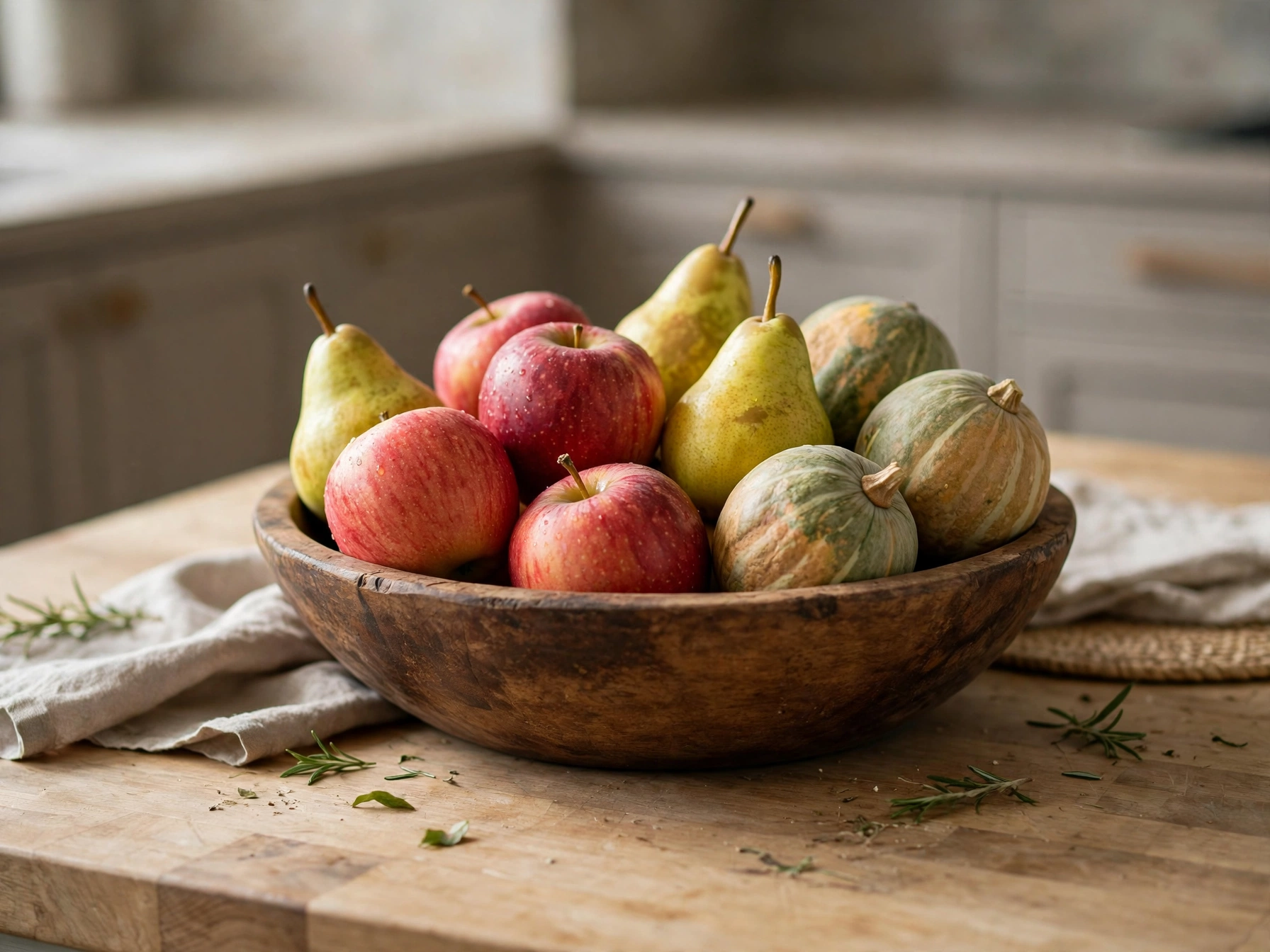 Wooden bowl of apples and pears as fall kitchen decor