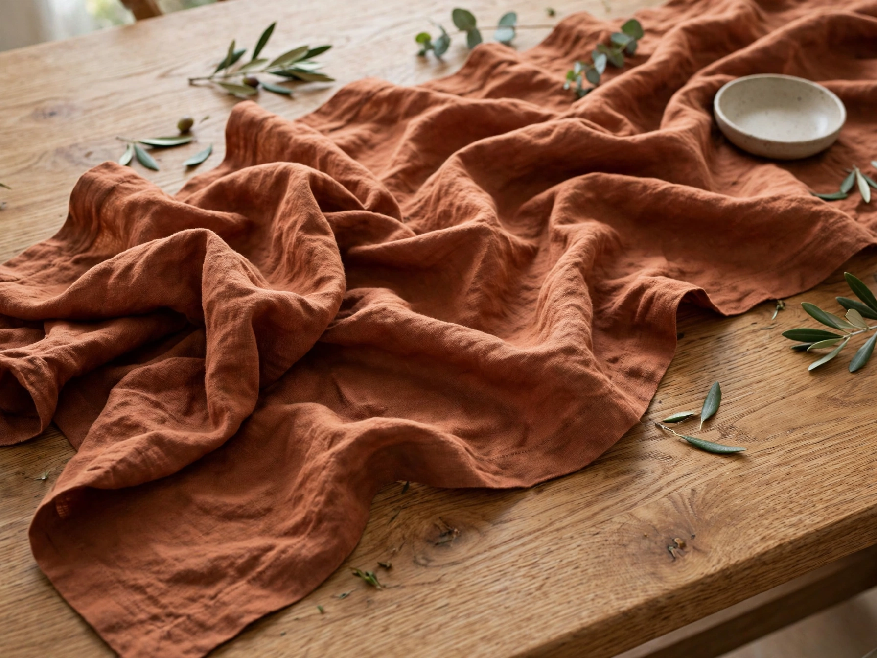 Terracotta linen runner on a fall dining table