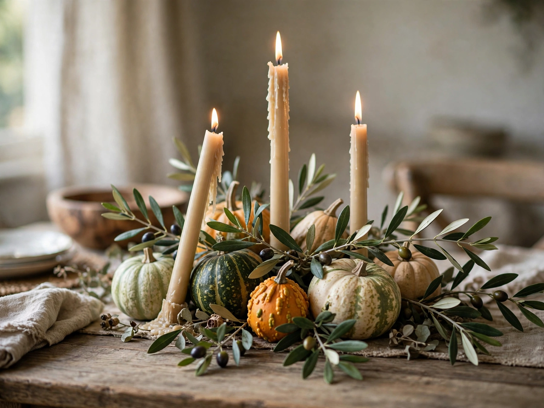 Low fall centerpiece with gourds and candles
