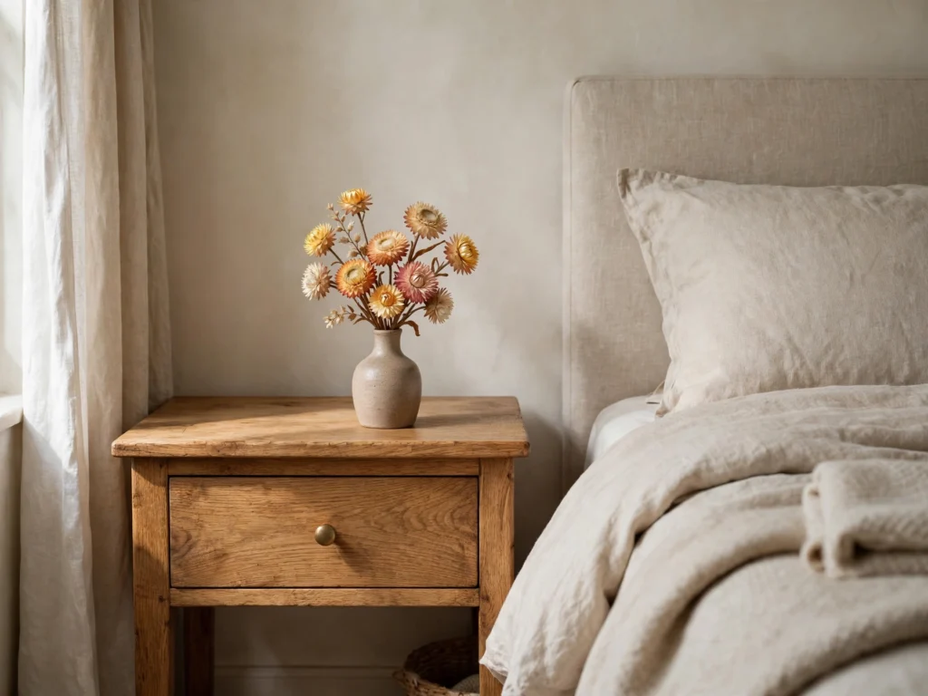 Dried strawflowers in a vase on a nightstand