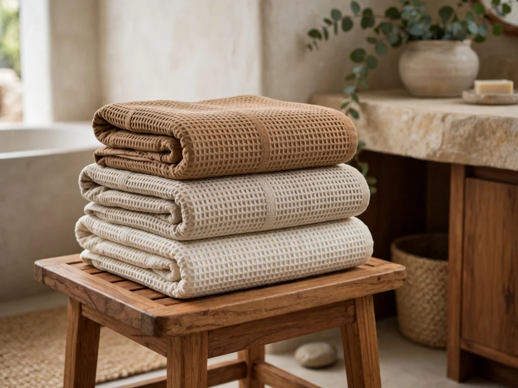 Waffle-weave towels in warm neutrals