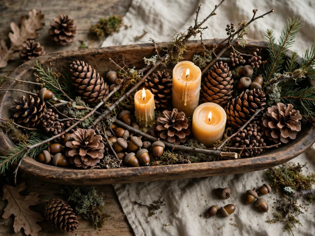 Foraged centerpiece with pinecones and acorns