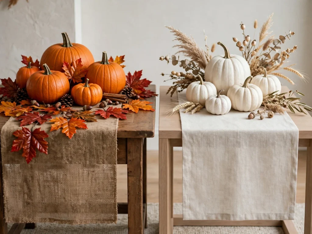 Traditional and modern fall decor compared on a side table