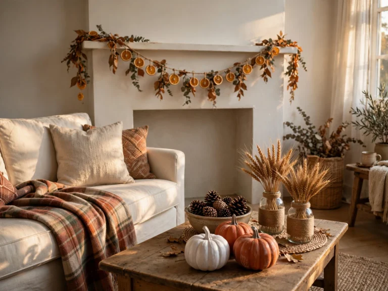 DIY fall home decor with painted pumpkins, dried orange garland and pinecones in a budget-friendly living room