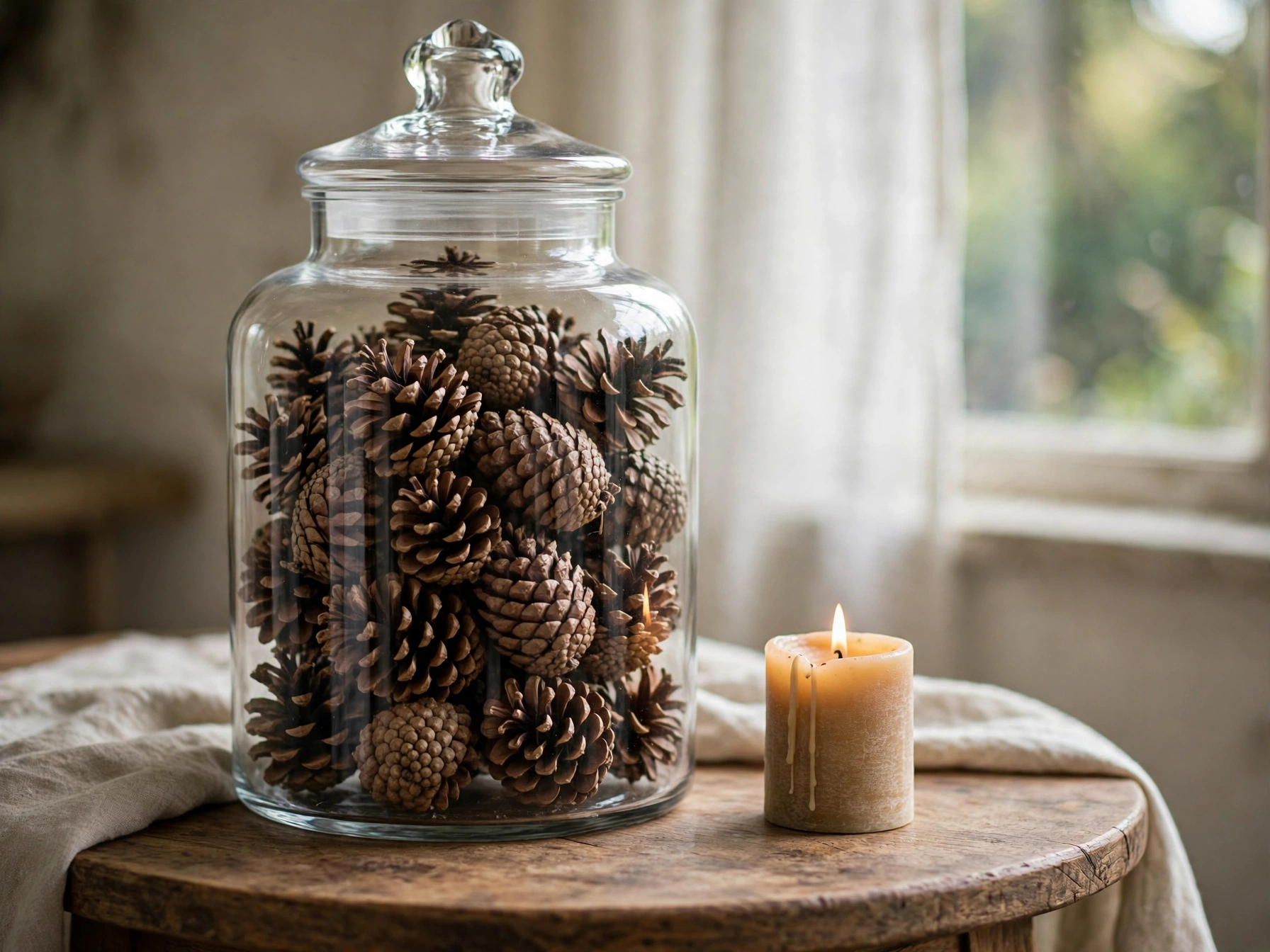 Glass jar filled with pinecones as a free fall centerpiece
