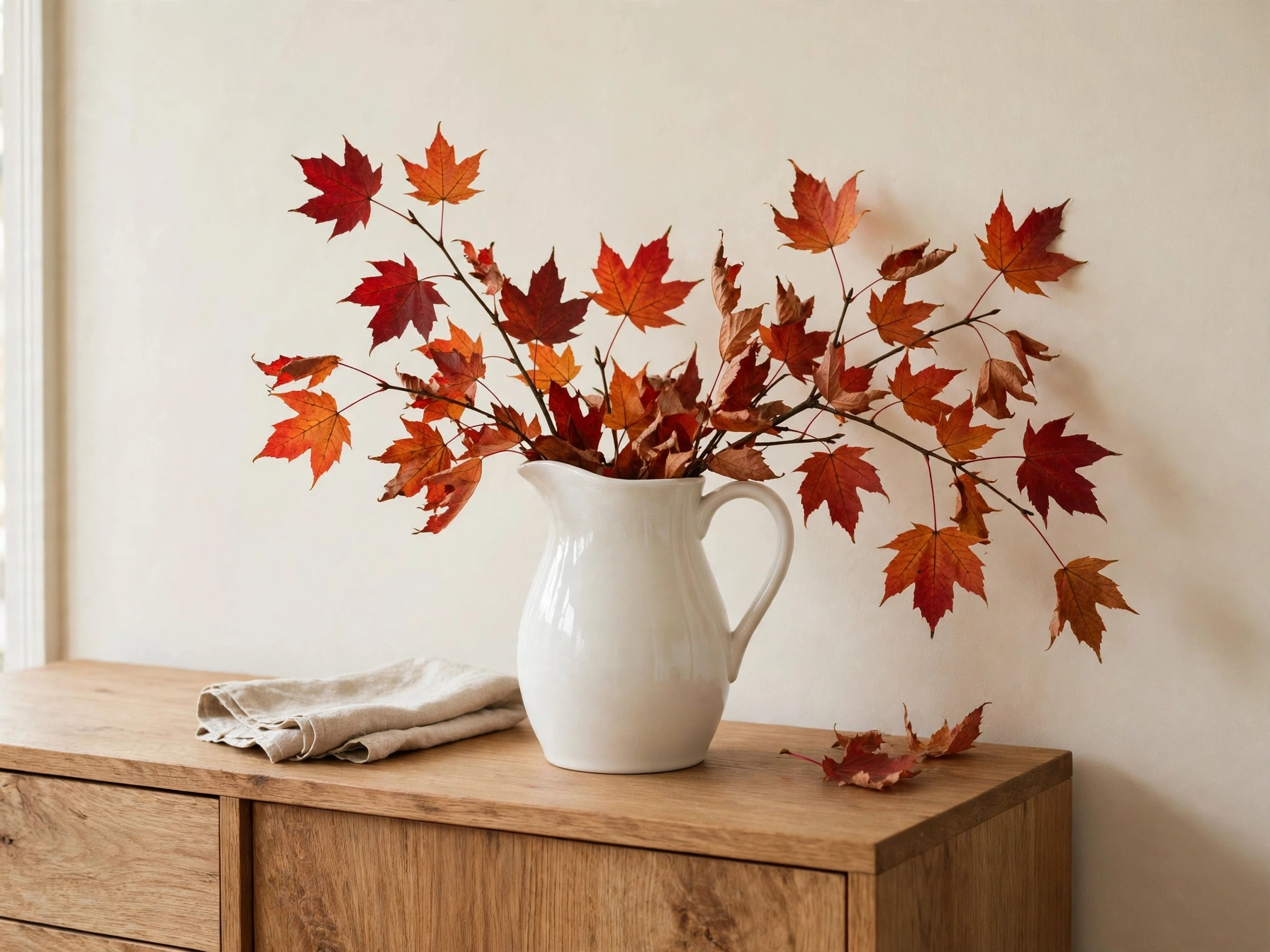 Autumn branches arranged in a white pitcher