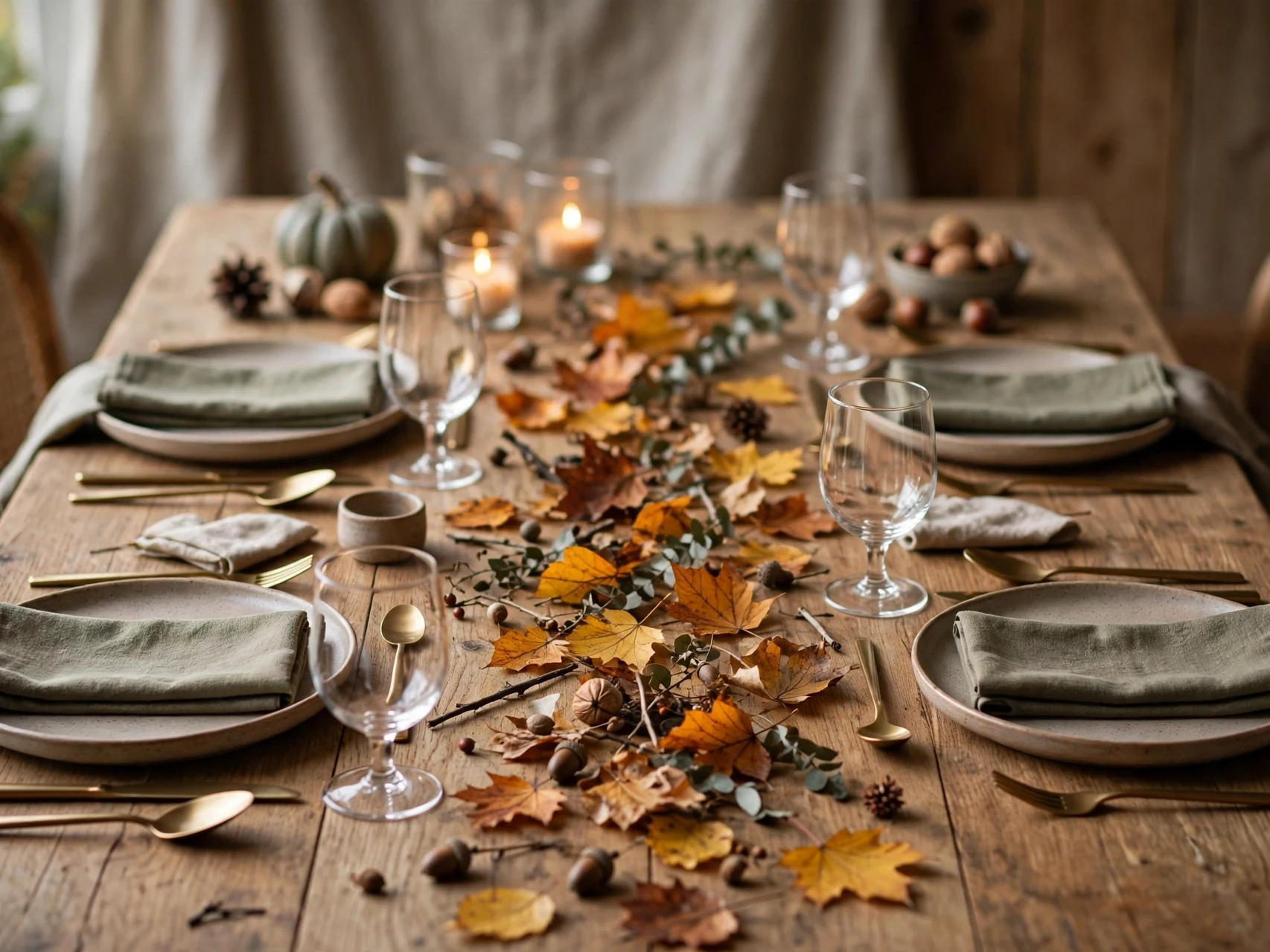 Fallen leaves scattered down a dining table as quick fall decor