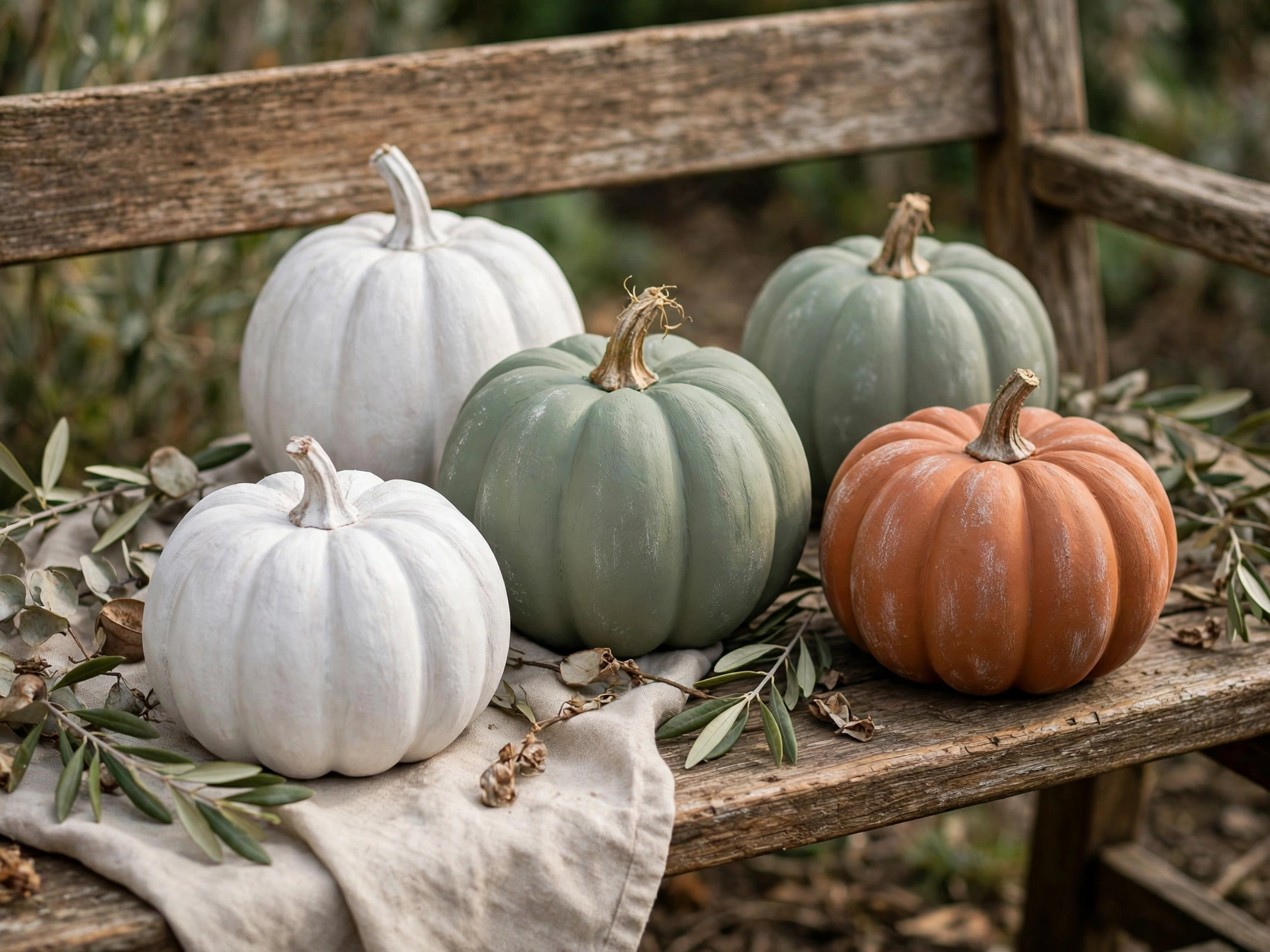 Dollar store pumpkins painted with chalk paint in neutral colors