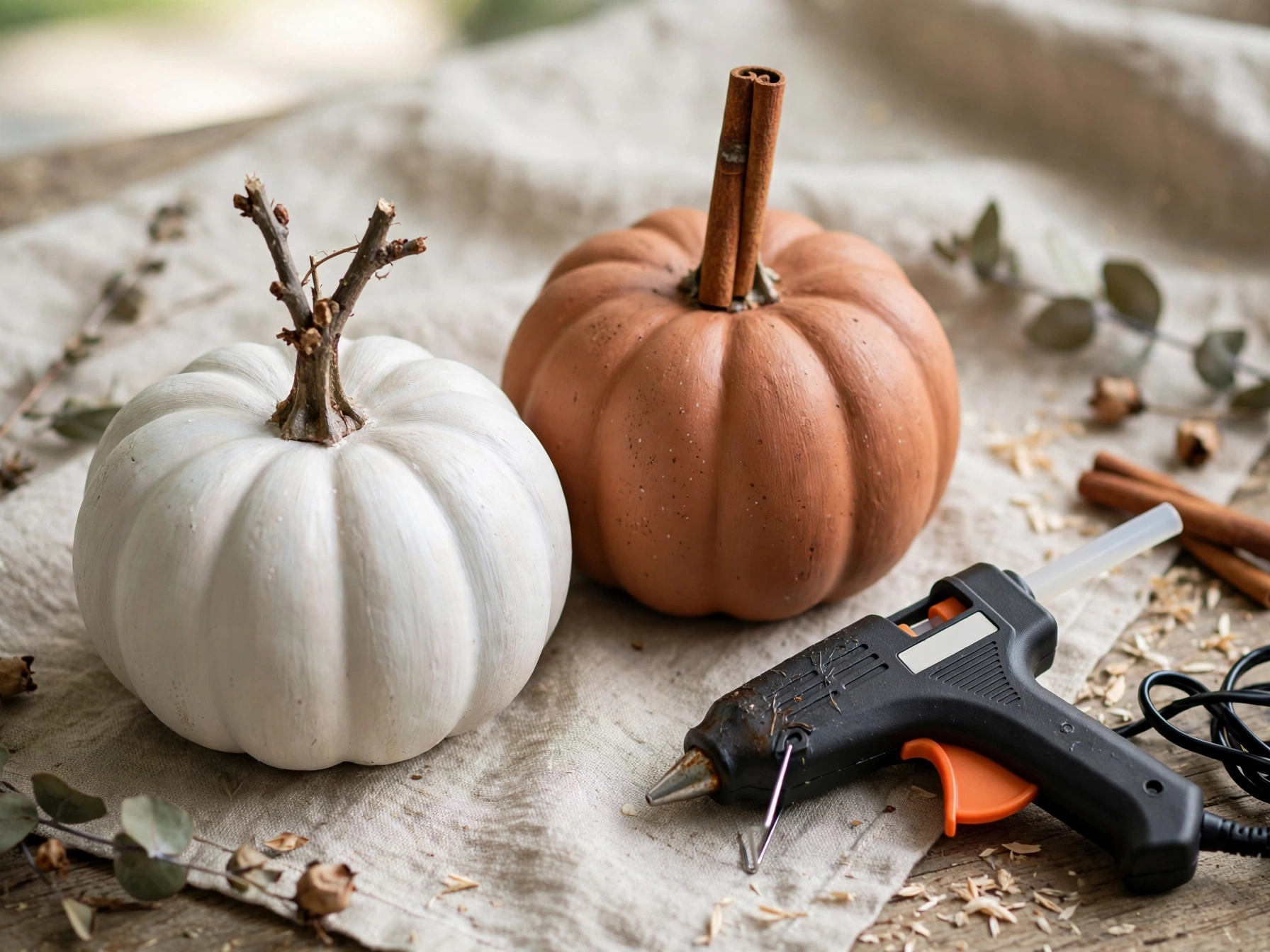 Faux pumpkins with real twig and cinnamon stick stems