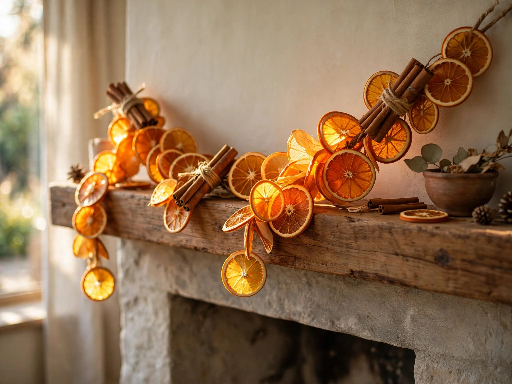 Dried orange garland with cinnamon sticks on a mantel
