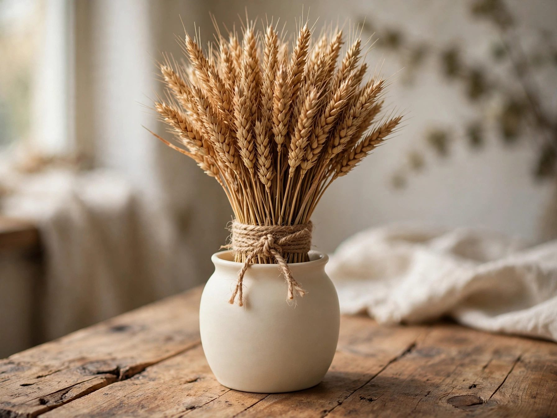 Dried wheat bundle tied with jute in a simple vase