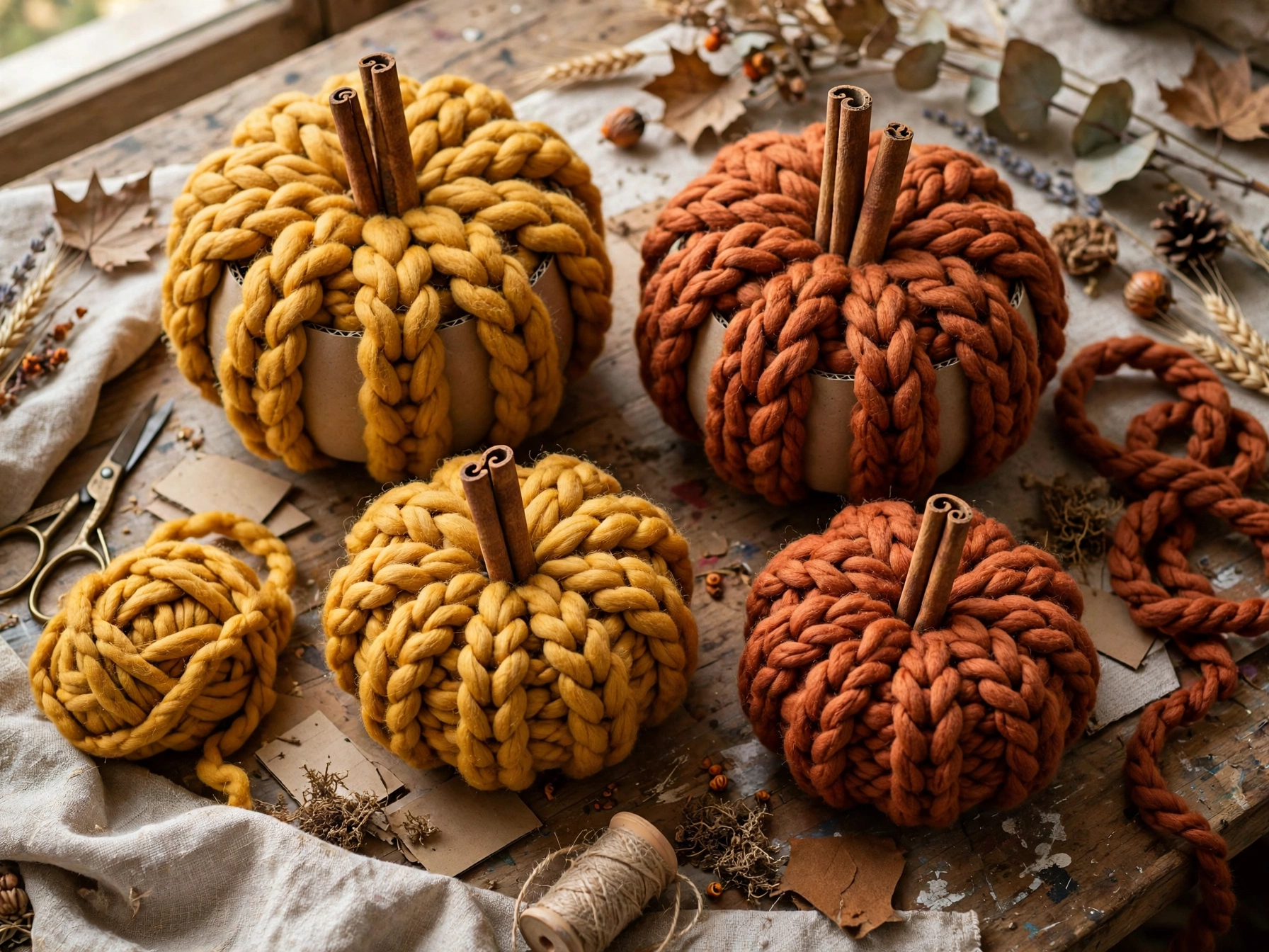 Yarn-wrapped pumpkins made from cardboard rolls