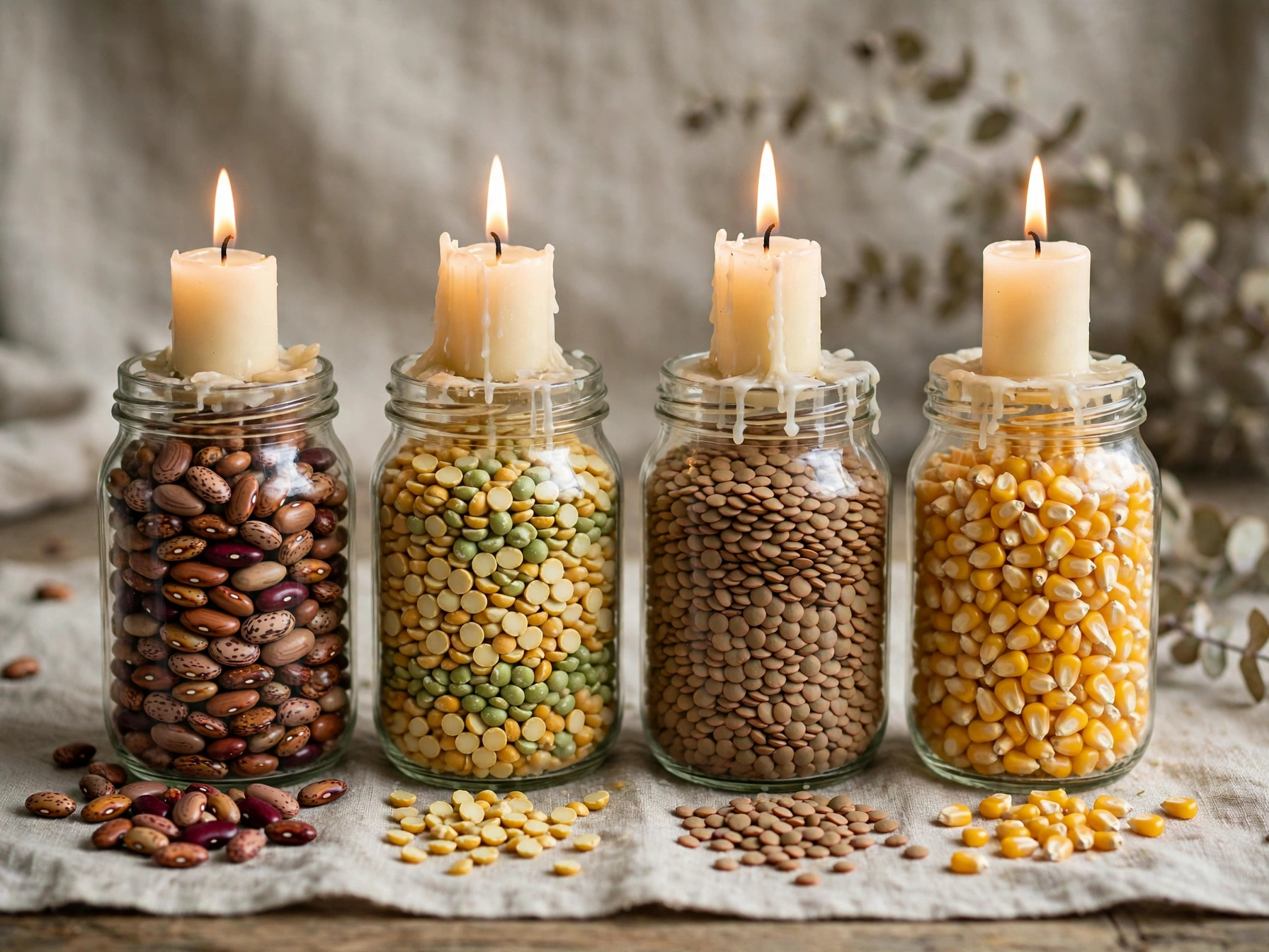 Glass jars layered with dried beans and corn holding candles