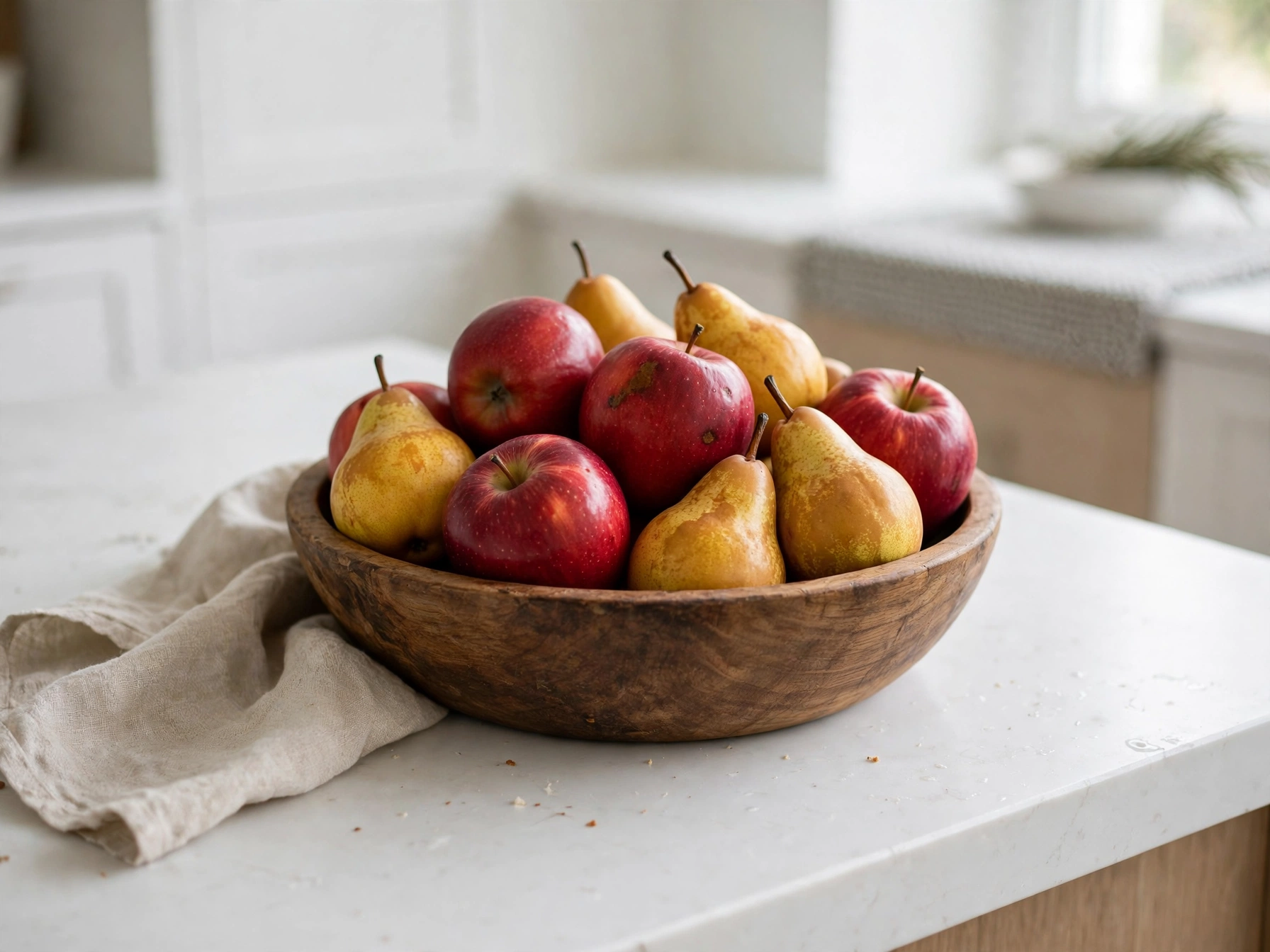 Wooden bowl of apples and pears as fall kitchen decor