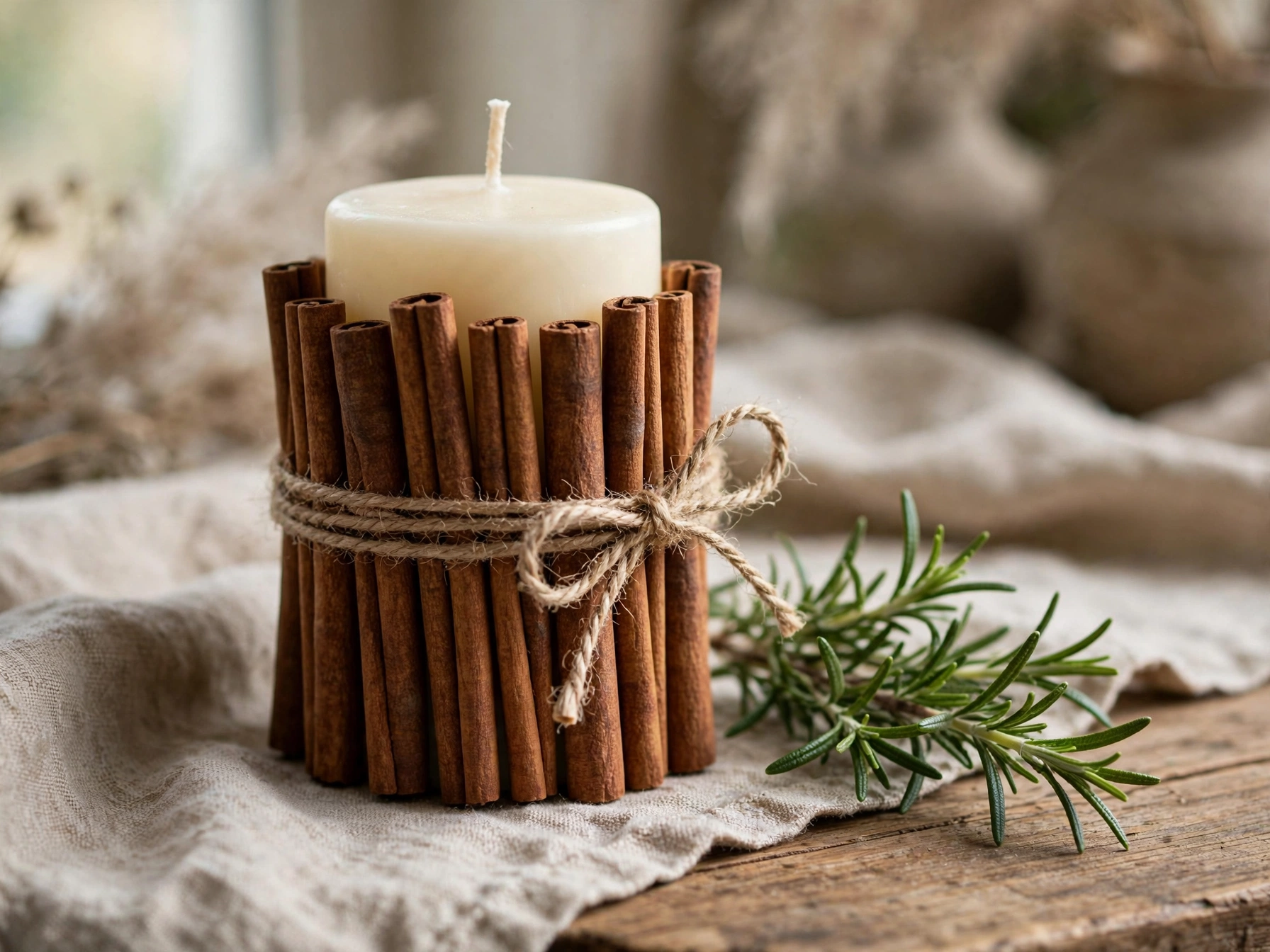 Pillar candle wrapped with cinnamon sticks