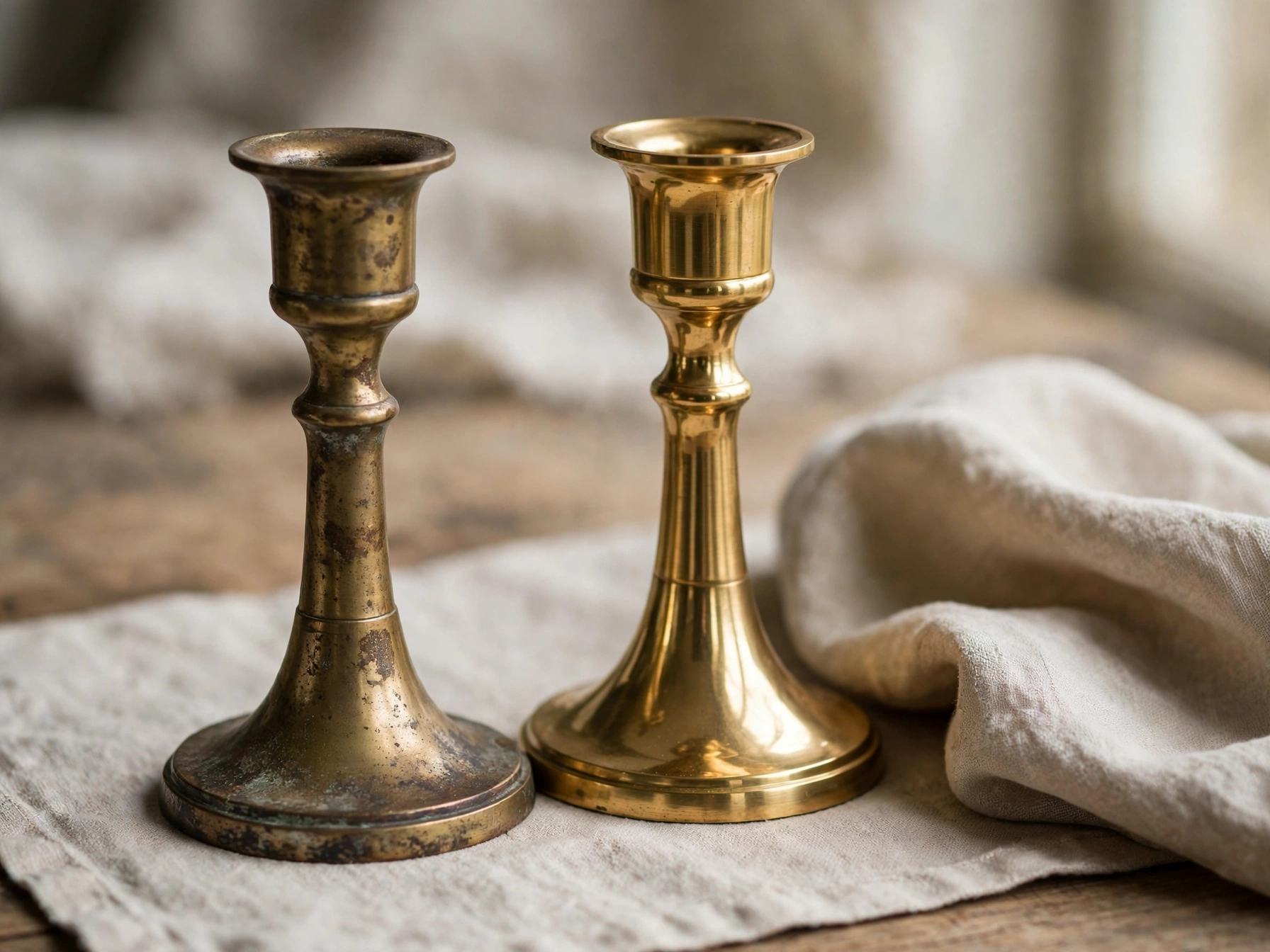 Before and after of polishing thrifted brass candlesticks