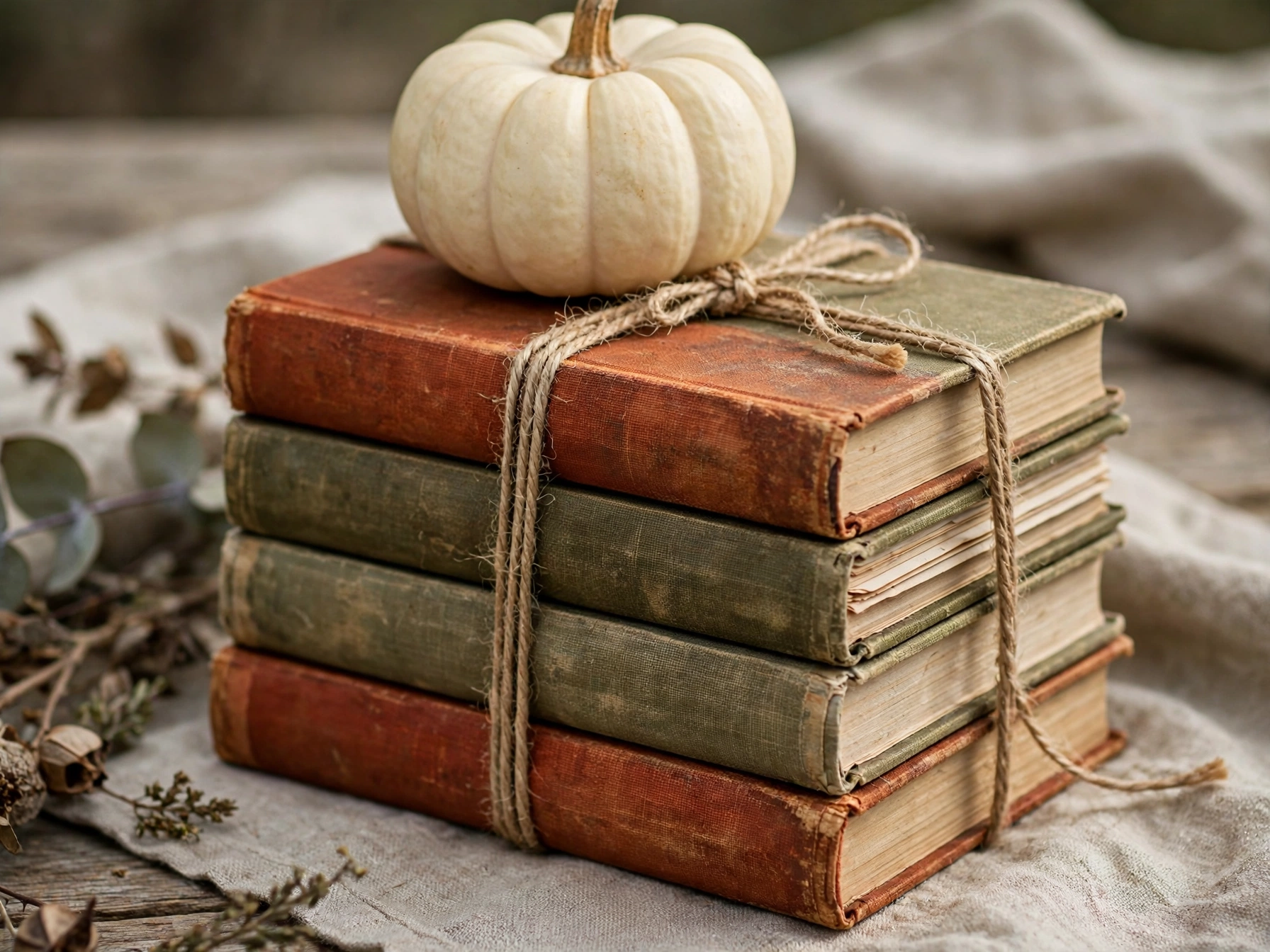 Vintage books tied with twine and topped with a mini pumpkin