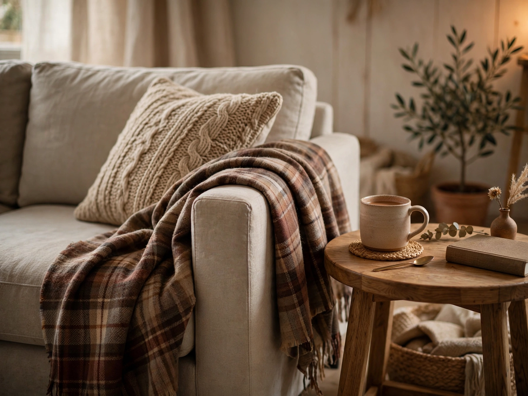 Thrifted plaid wool blanket draped over a sofa