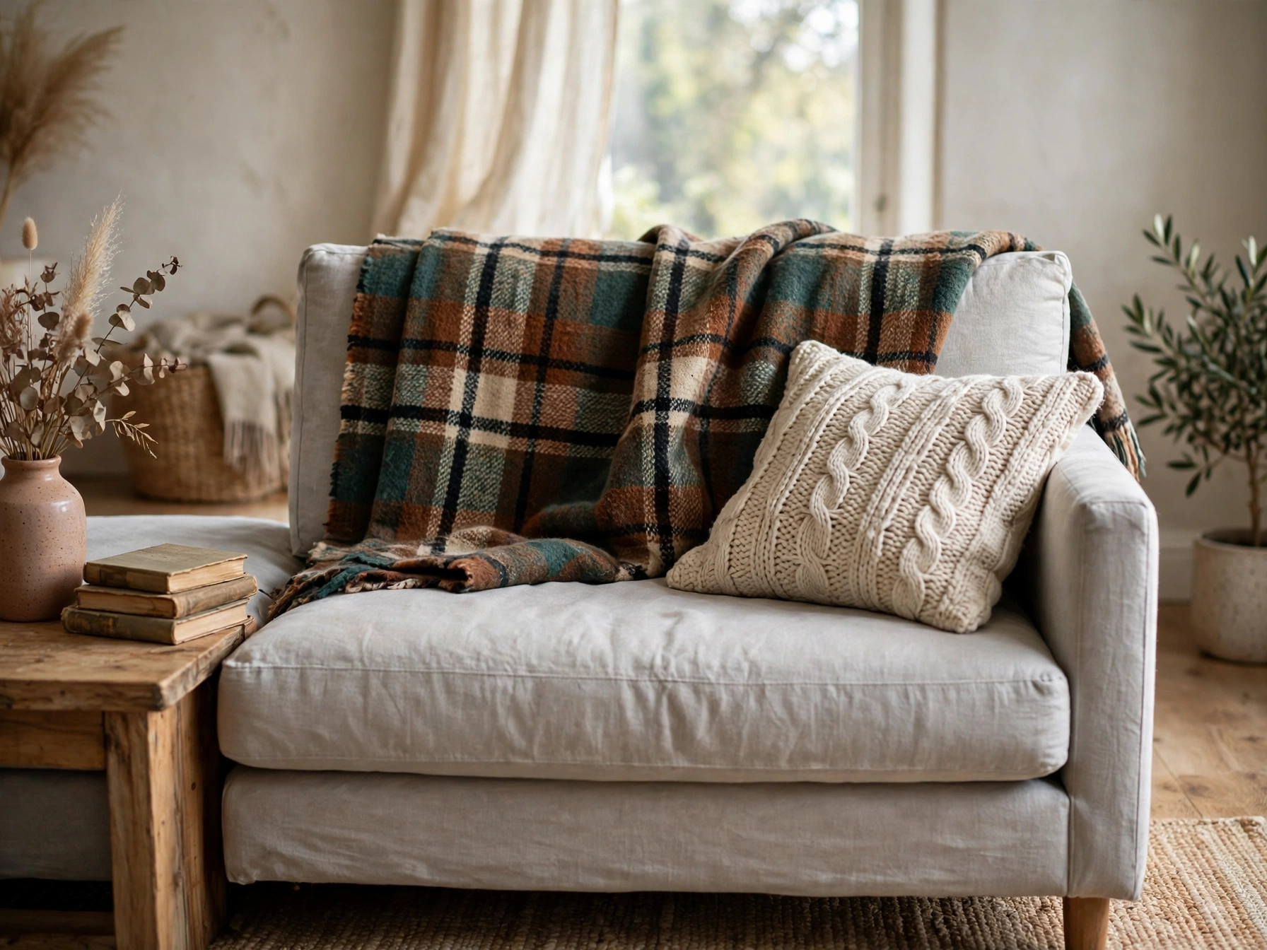 Plaid throw blanket on a sofa for quick fall decor