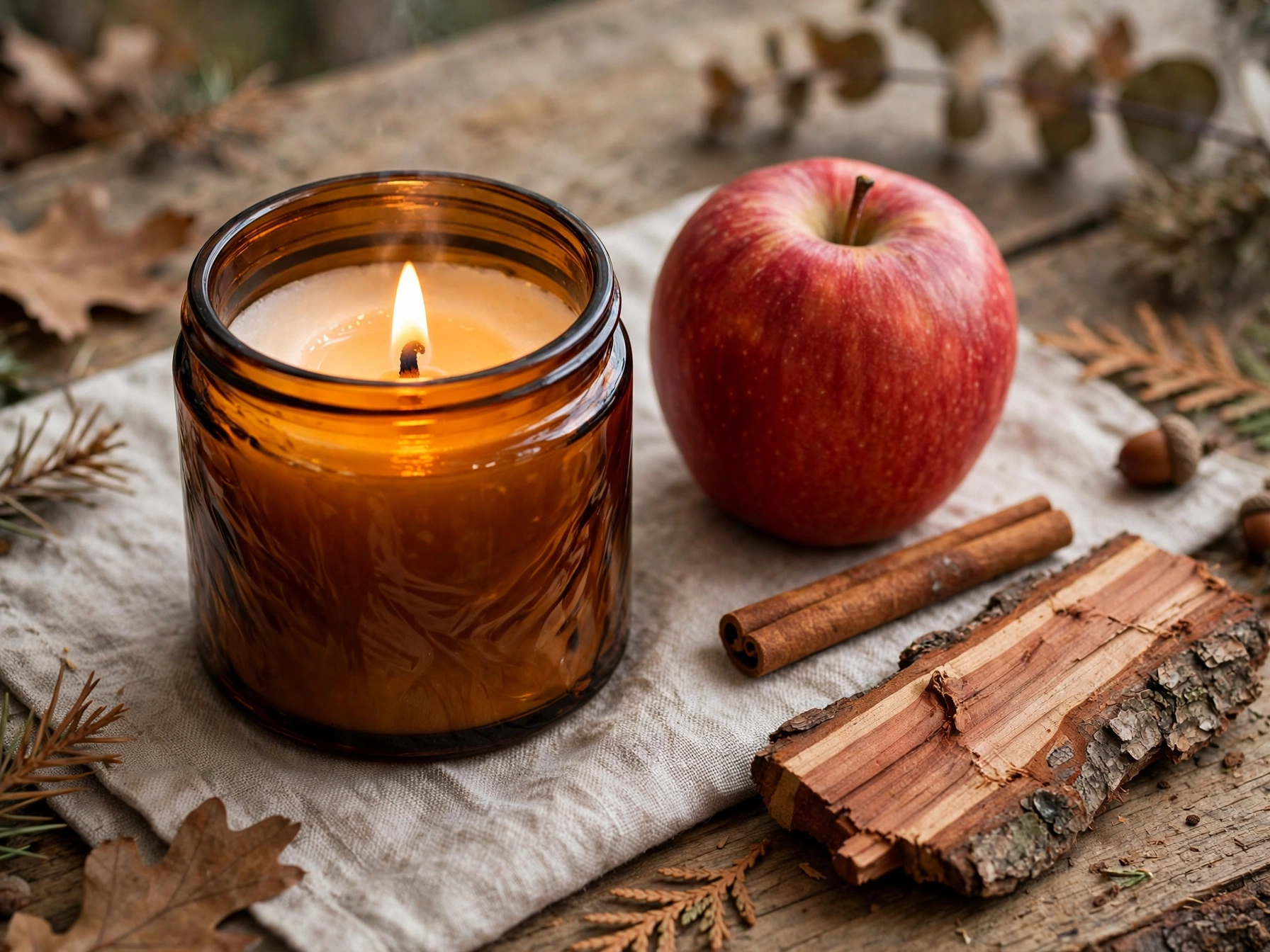 Fall-scented candle with apple, cinnamon and cedar