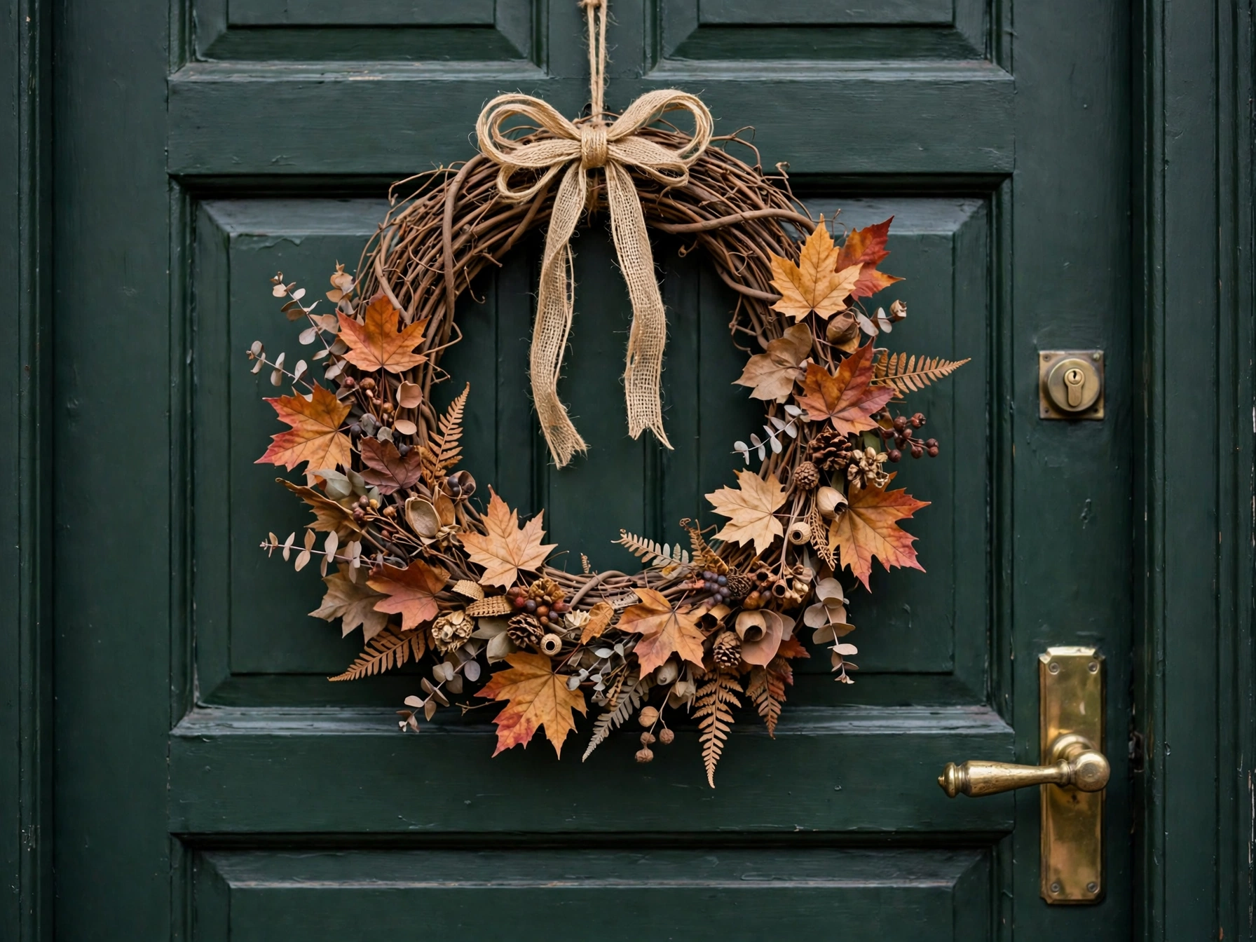 Grapevine wreath with fall leaves on a front door