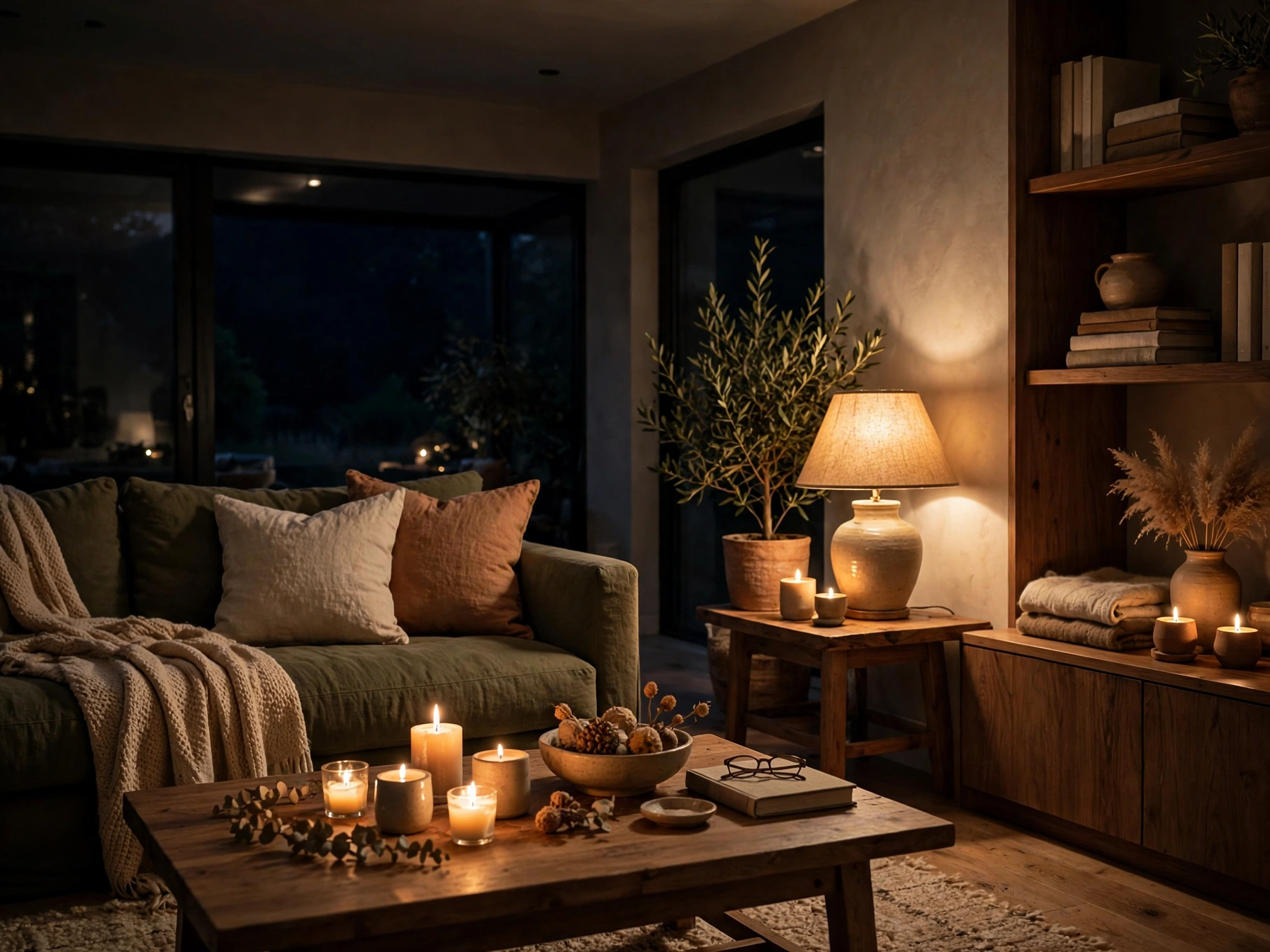 Living room lit only by lamps and candles