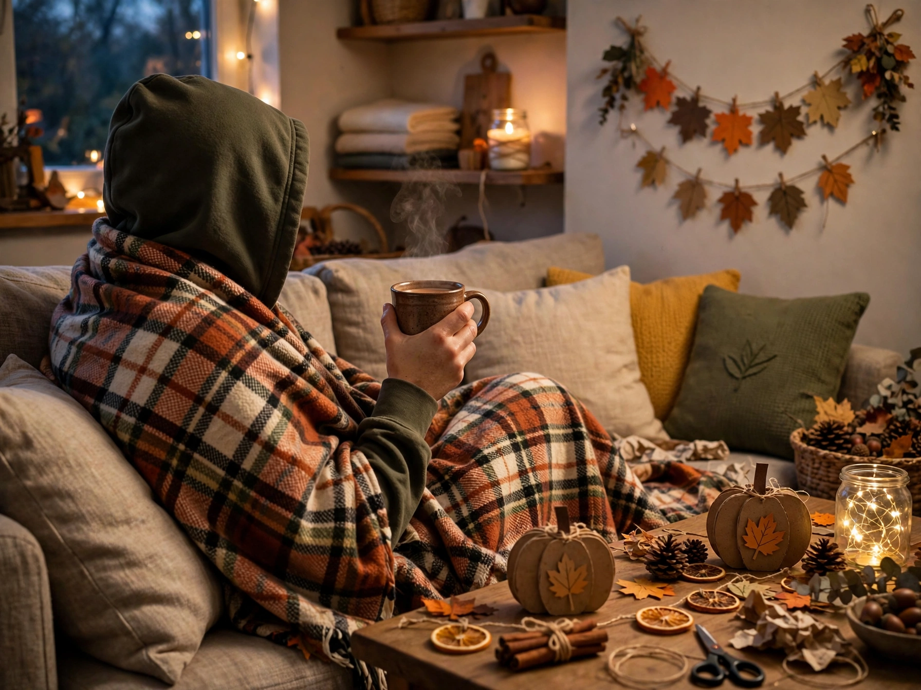 Relaxing in a living room decorated with budget DIY fall decor