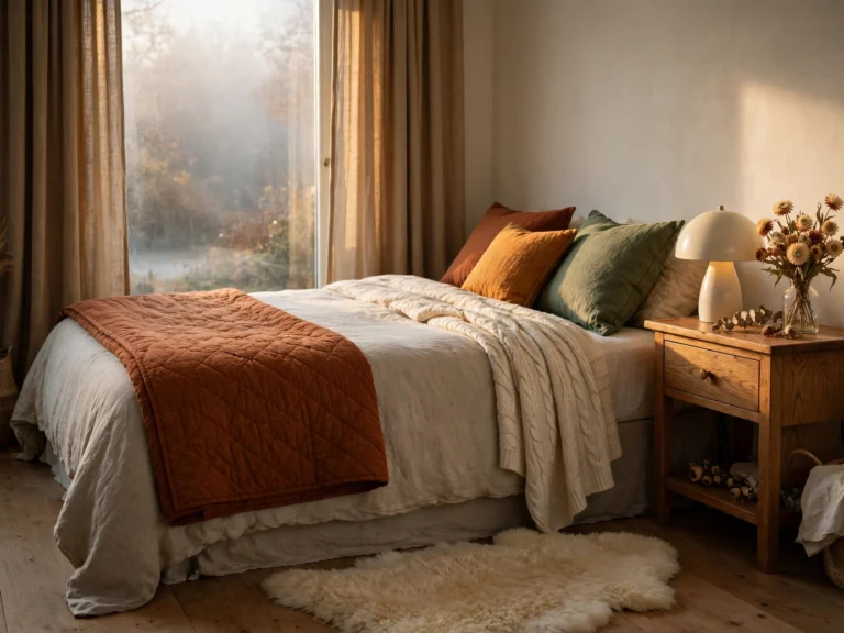 Fall bedroom decor with layered bedding, a warm lamp and earthy colors