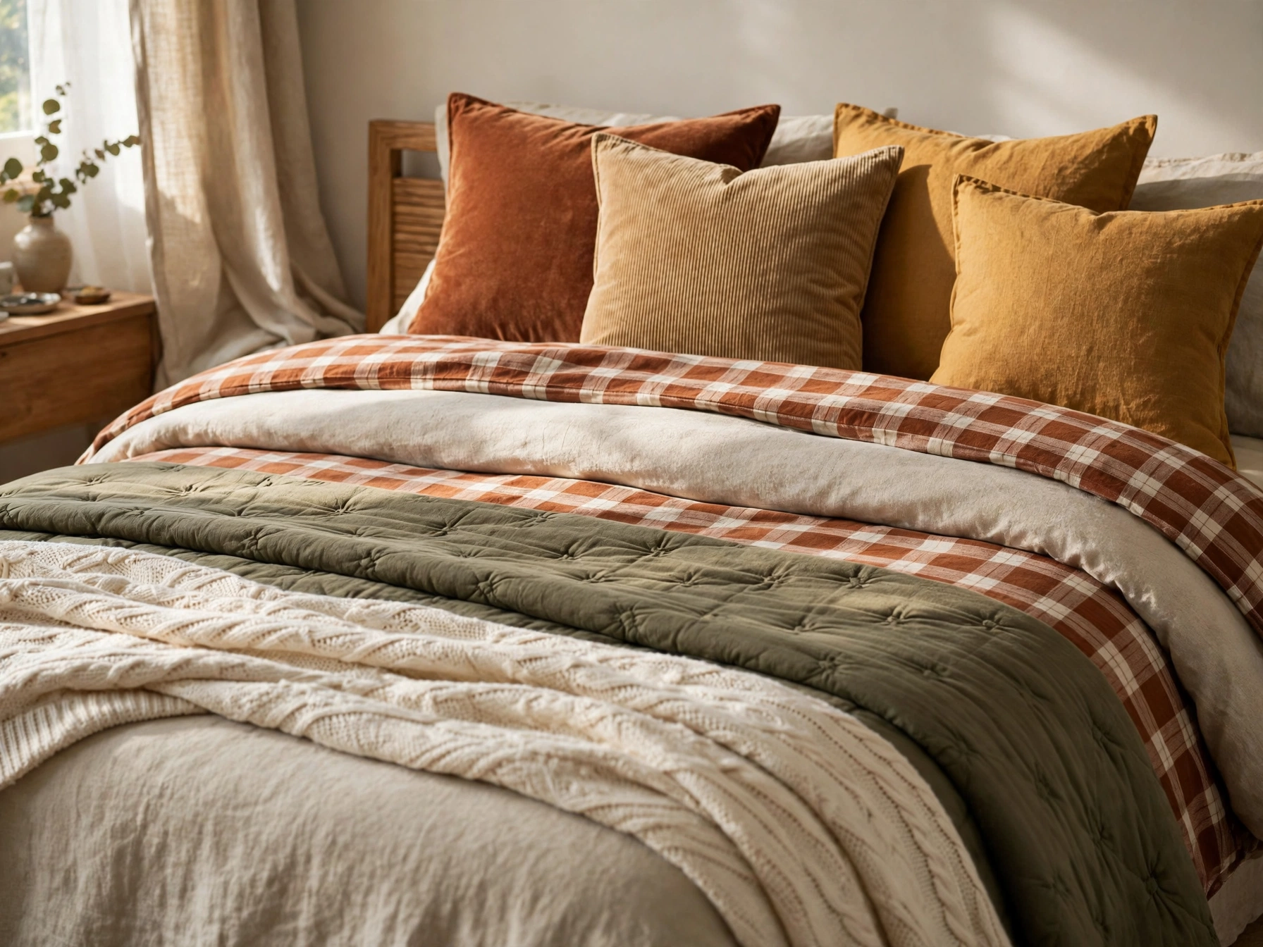 Fall bed made with flannel sheets, a quilt, a knit throw and four warm-toned pillows