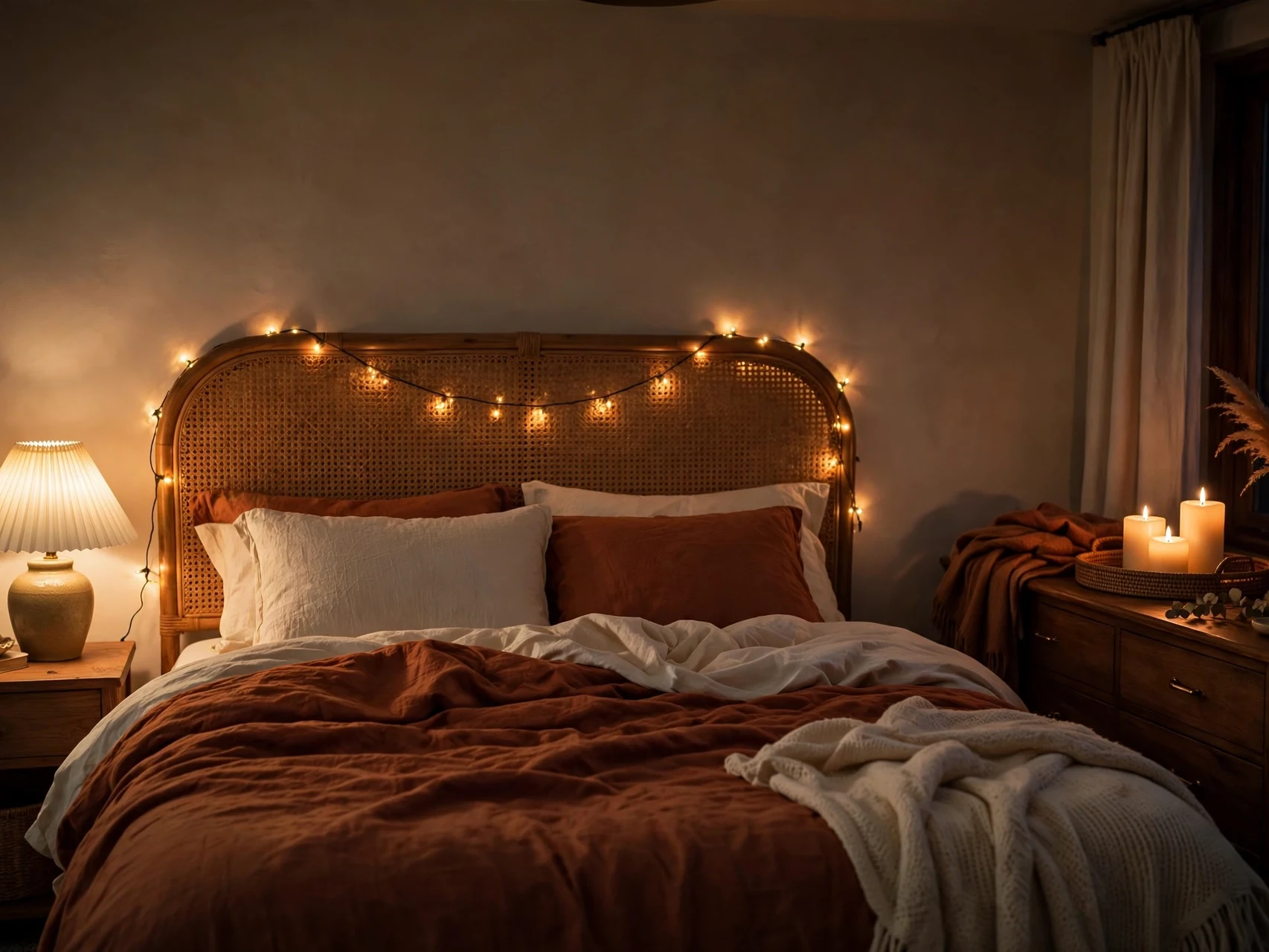 Fall bedroom at night lit by string lights, a bedside lamp and LED candles