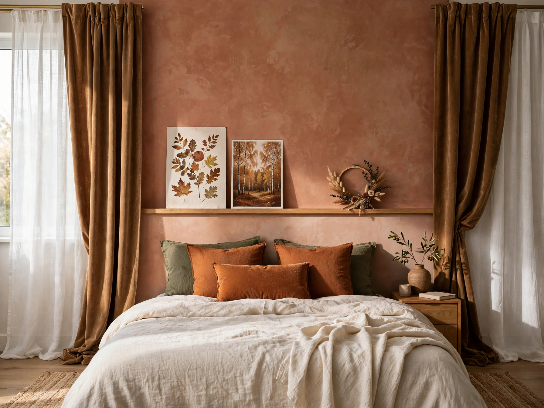 Terracotta accent wall with fall art and heavy curtains in a bedroom