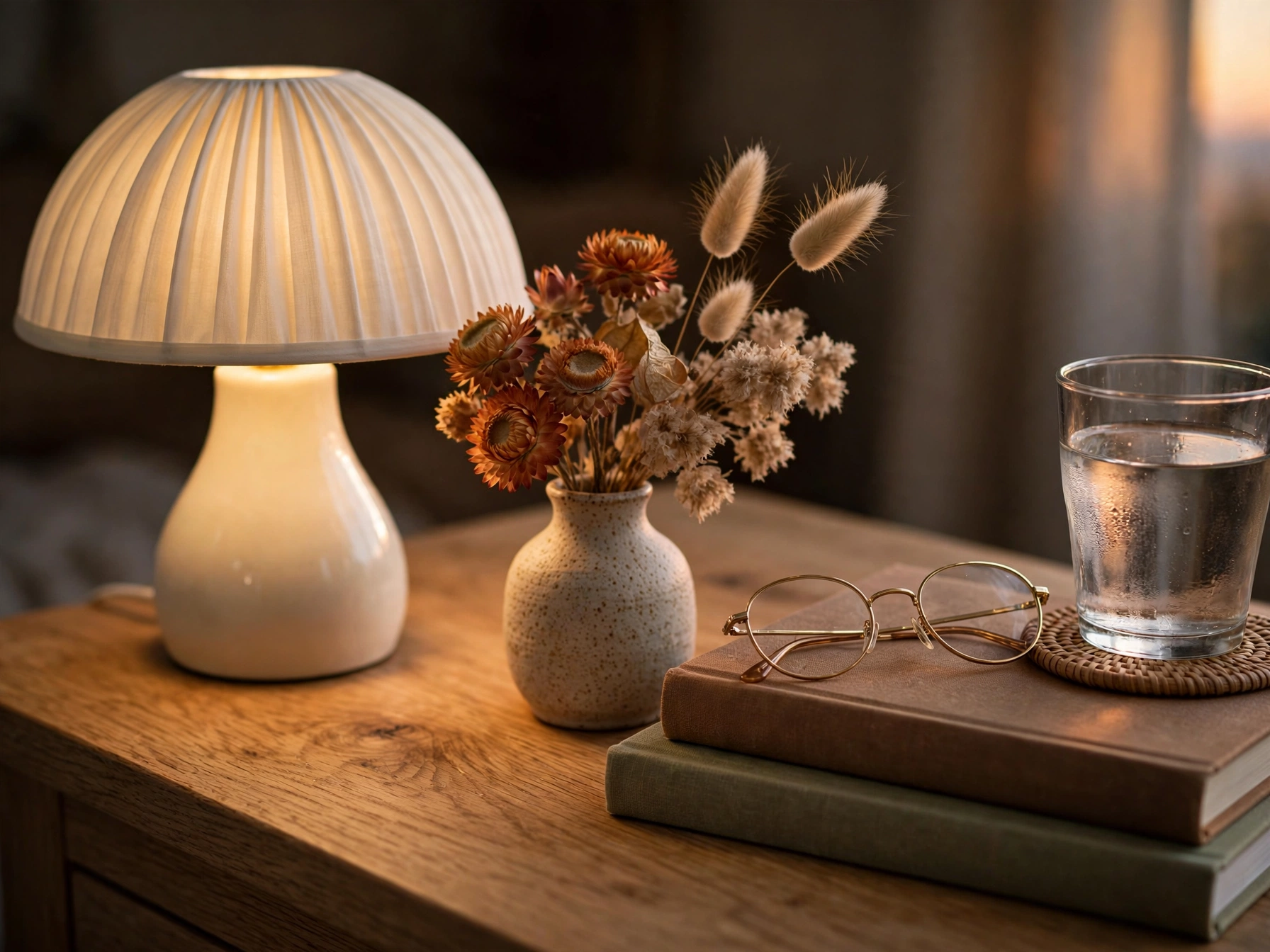 Fall nightstand styled with a lamp, dried flowers and books