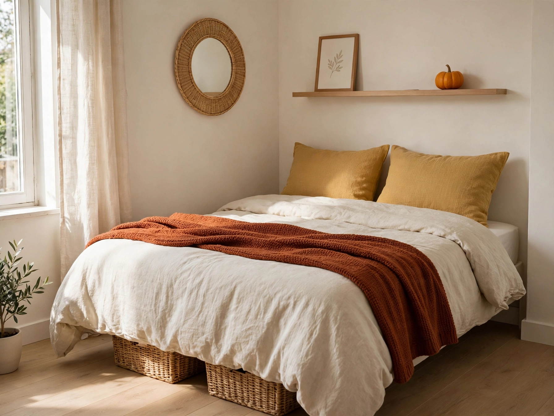 Small fall bedroom with light bedding, a floating shelf and under-bed baskets