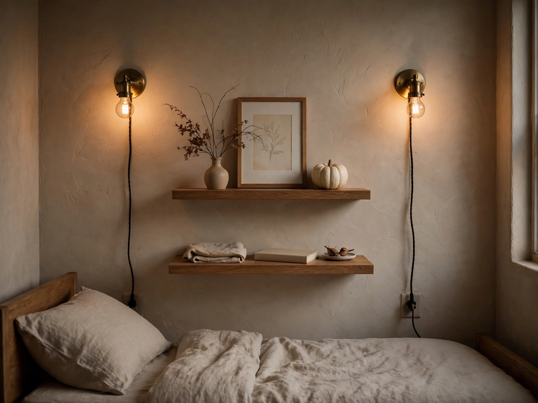 Plug-in wall sconces and a floating shelf in a small fall bedroom