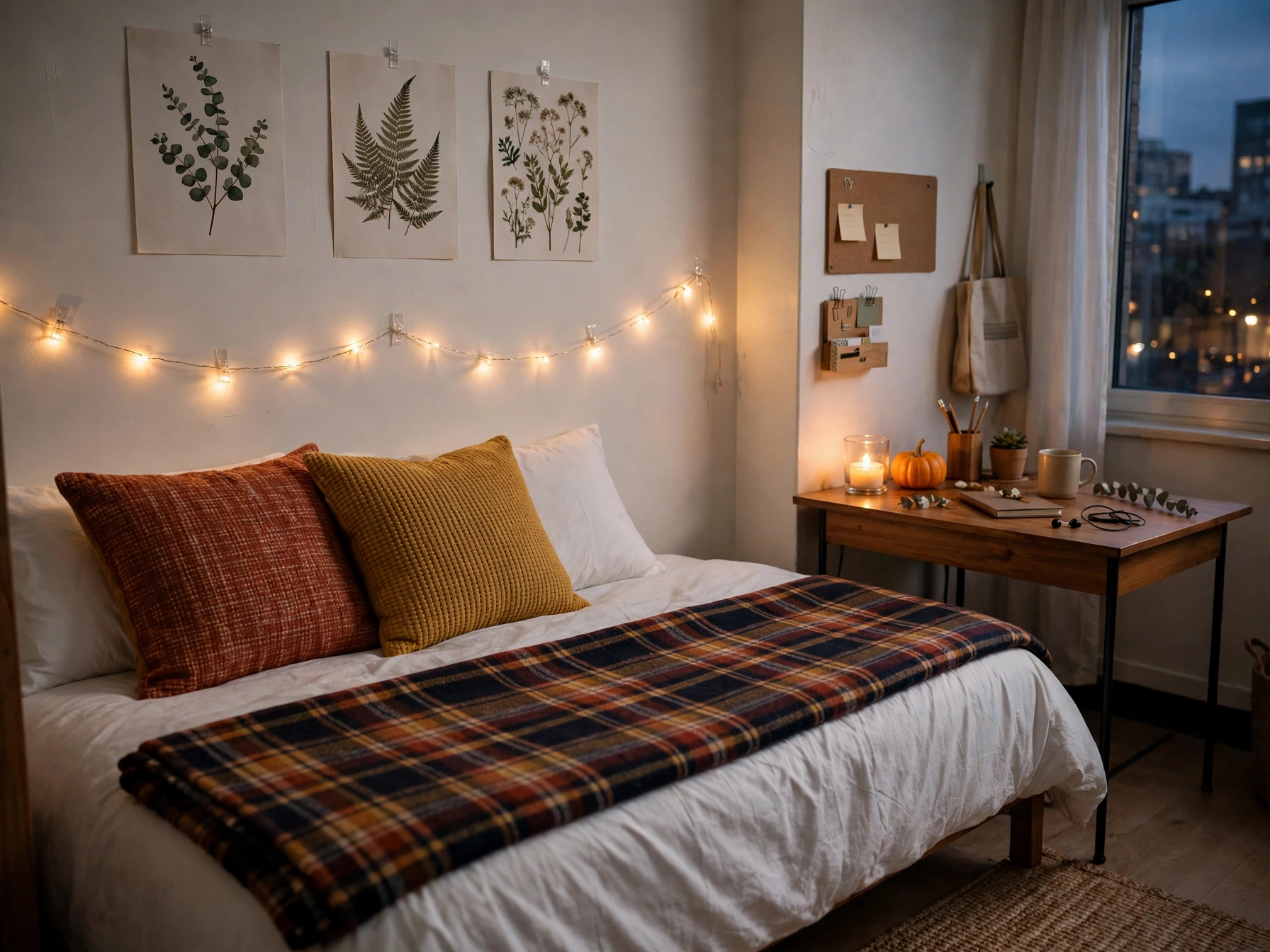 Fall dorm room with a twin XL bed styled like a daybed